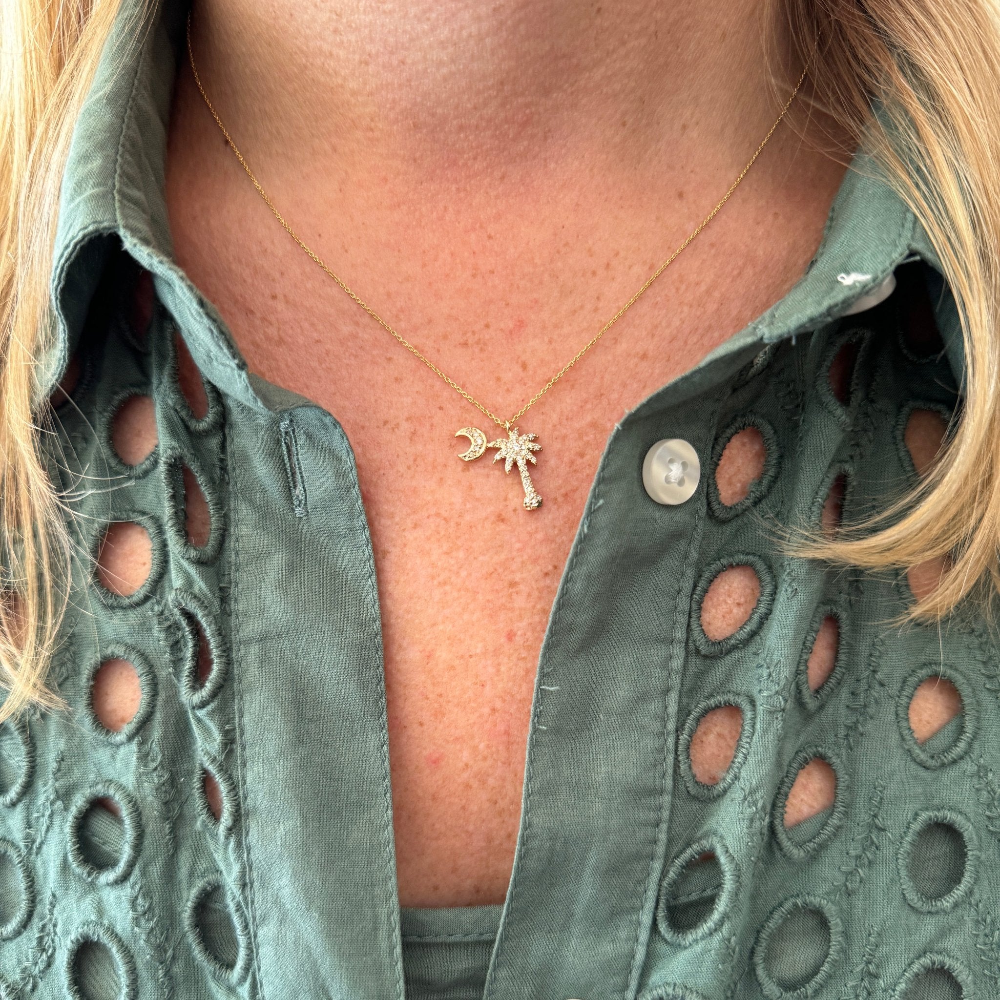 14K Yellow Gold Diamond Palmetto Tree & Crescent Pendant Necklace for Women - Elegant Jewelry Gift for Birthday, Anniversary & Special Occasions