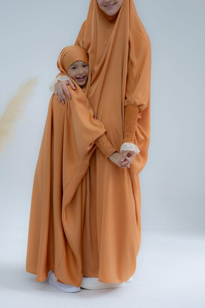 Little Gretaah Khimar Style Prayer Gown for Kids - Orange Islamic Dress with Ribbed Sleeve Cuffs - Perfect for Eid, Mosque & Religious Ceremonies
