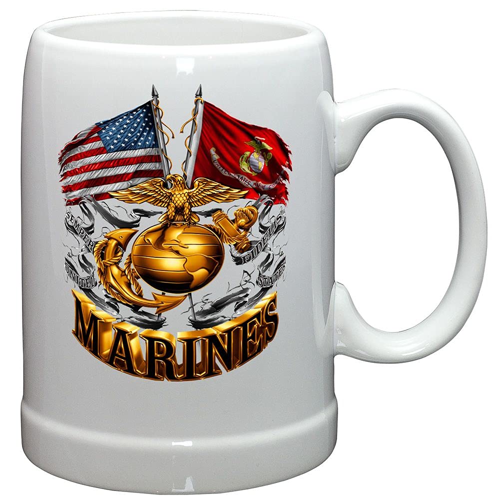 US Marine Corps Beer Stein Set of 6 - 20oz Stoneware Mugs with Double Flag & Gold Globe USMC Logo - Perfect Military Gifts for Men & Women - Ideal for Home Bars, Parties, Veterans Day Celebrations & Marine Corps Birthday Events
