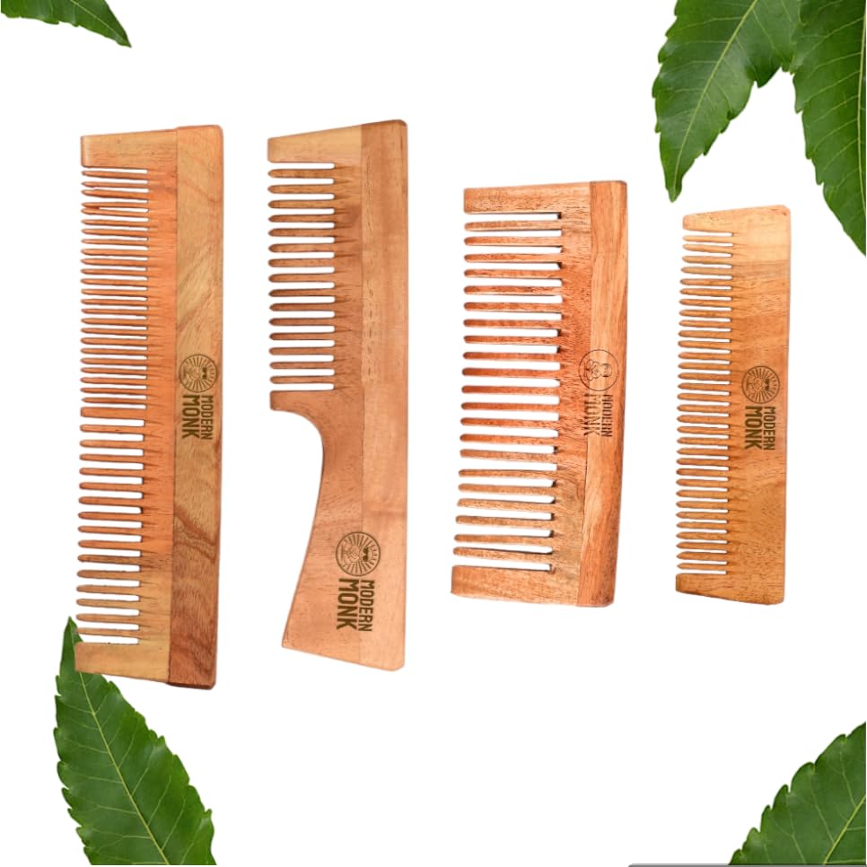 Ayurvedic Neem Wood Combs for Hair Growth & Fall Control | Anti-Static & Anti-Frizz | Neem Oil Treated | Unisex Set of 4 | Perfect for Daily Hair Care & Styling