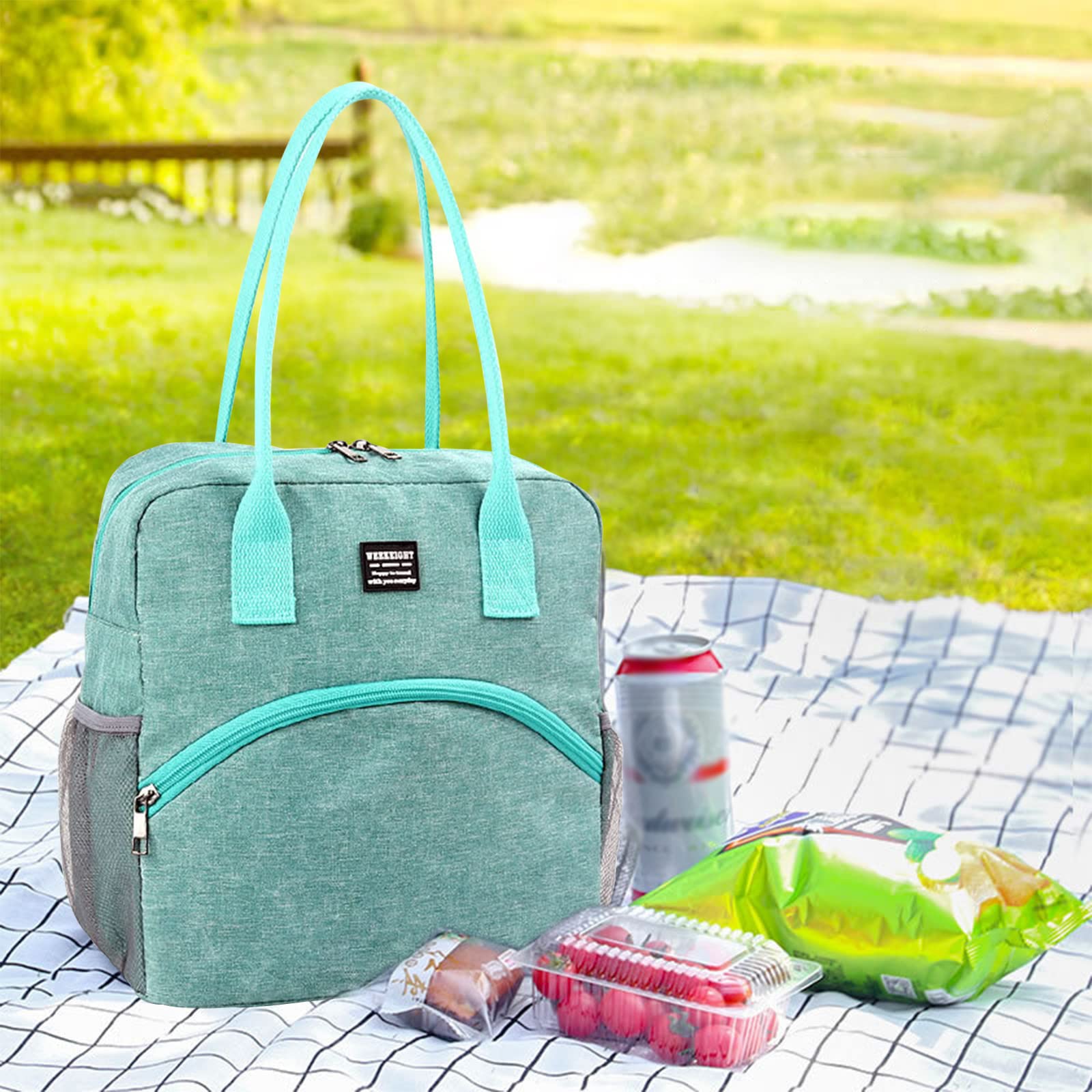 Insulated Lunch Bag for Work & School - Portable Soft Cooler Tote with Waterproof Leakproof Design, Reusable Lunch Box with Side Mesh Pocket - Perfect for Office, School, Picnic, Beach & Outdoor Activities (Green)