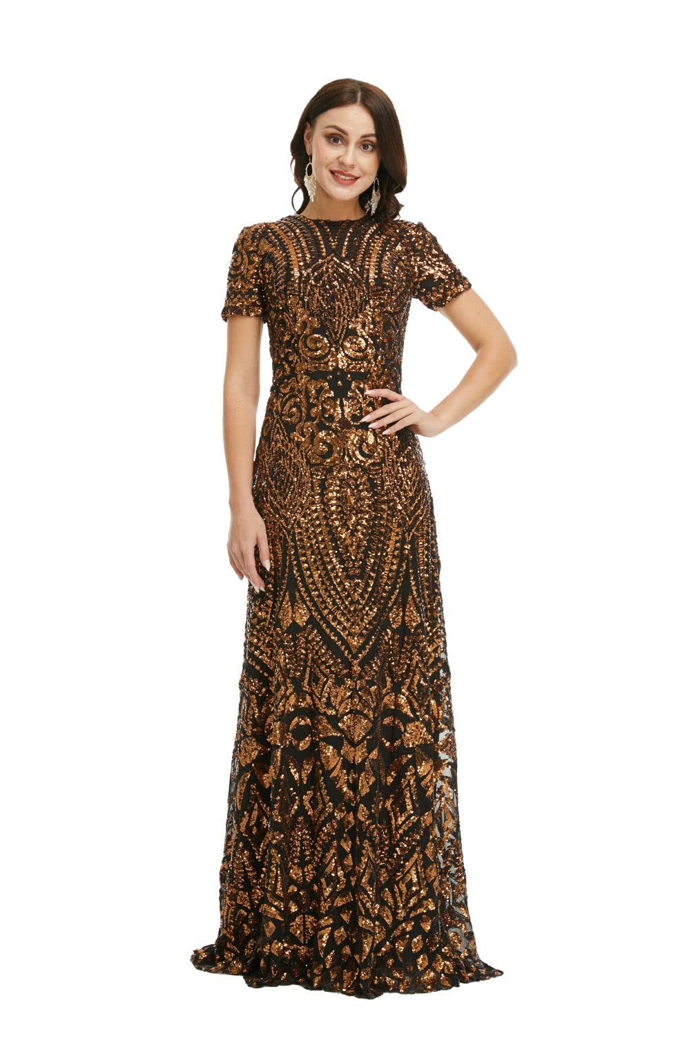 Elegant Sequined A-Line Short Sleeve Evening Dress for Bridesmaids & Prom - Formal Party Gown for Weddings, Dances & Special Occasions