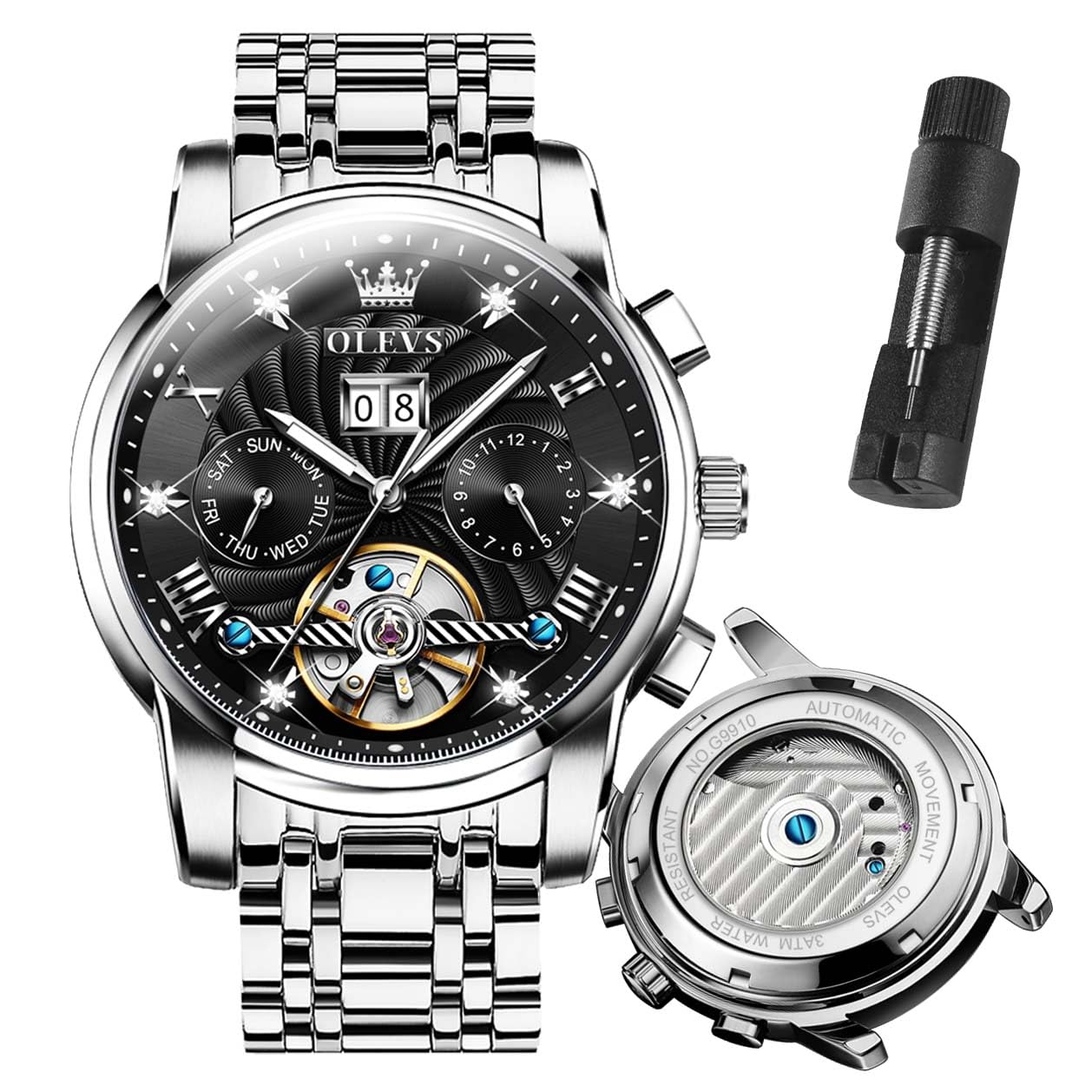 OLEVS Automatic Self-Winding Mechanical Watch for Men - Luxury Stainless Steel Tourbillon Dress Watch with Date & Day Display, Waterproof & Luminous - Perfect for Business, Formal Events & Everyday Wear
