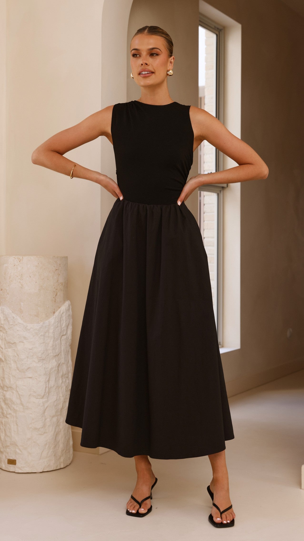 Aria Sleeveless Midi Dress for Women - Elegant Black Summer Dress for Casual Wear, Office, and Evening Out