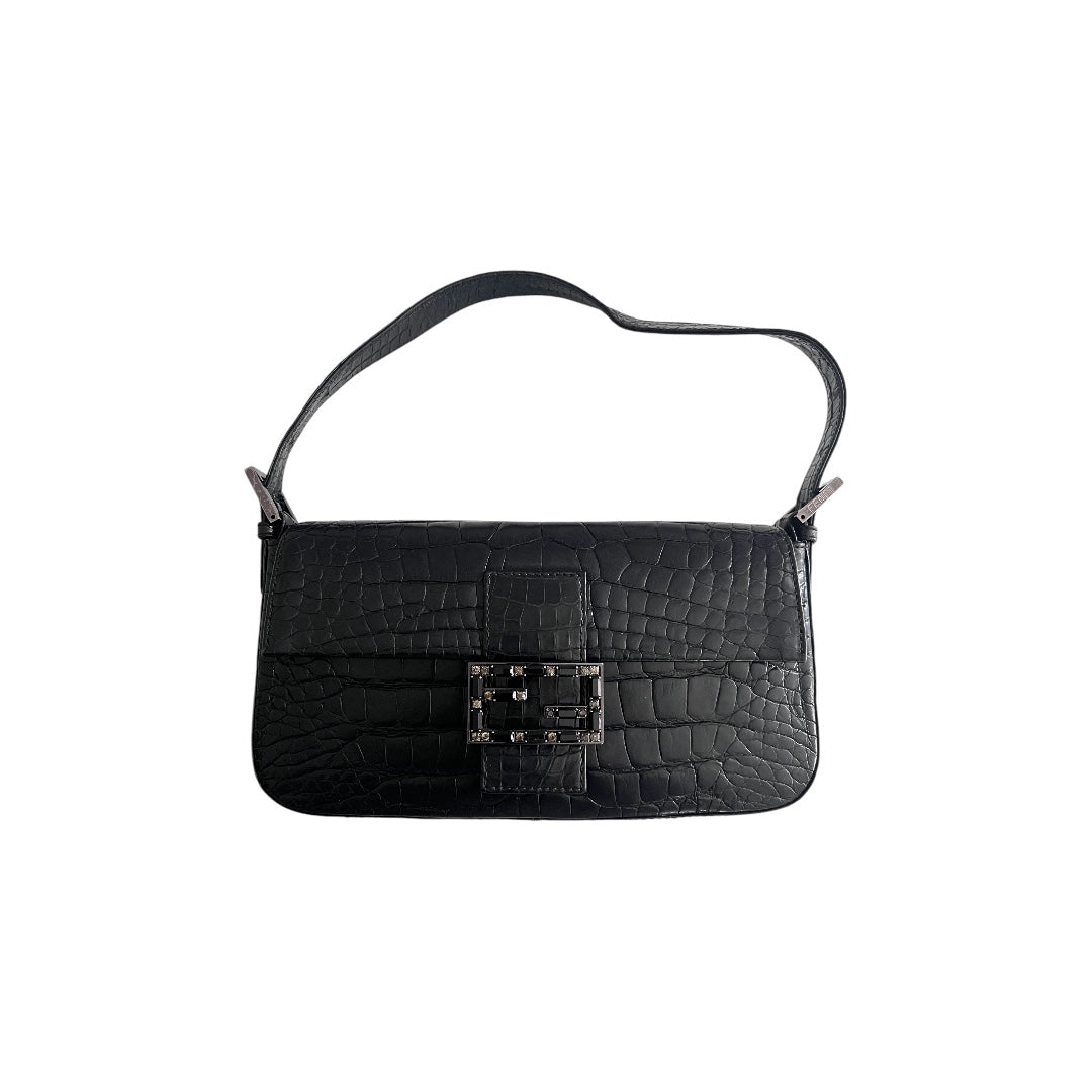 Vintage Fendi Black Crocodile Leather Baguette Handbag - Luxury Designer Shoulder Bag for Women, Perfect for Evening Parties & Special Occasions