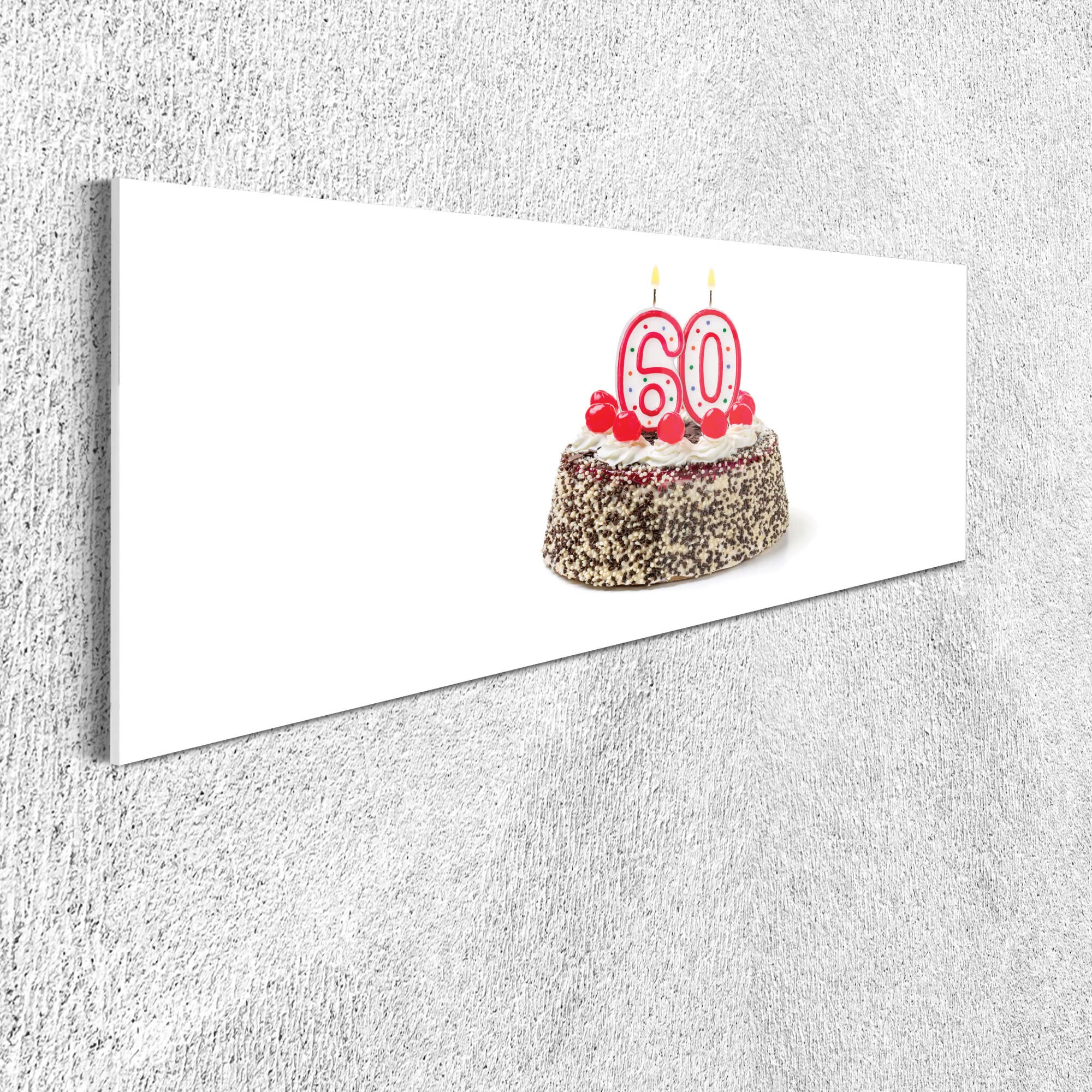 Ambesonne 60th Birthday Acrylic Glass Wall Art - Happy Party Cake with Candles, Cherries & Sprinkles - 47x16 Inch Panoramic Home Decor for Living Room, Bedroom, Dorm - Perfect for Birthday Parties & Milestone Celebrations