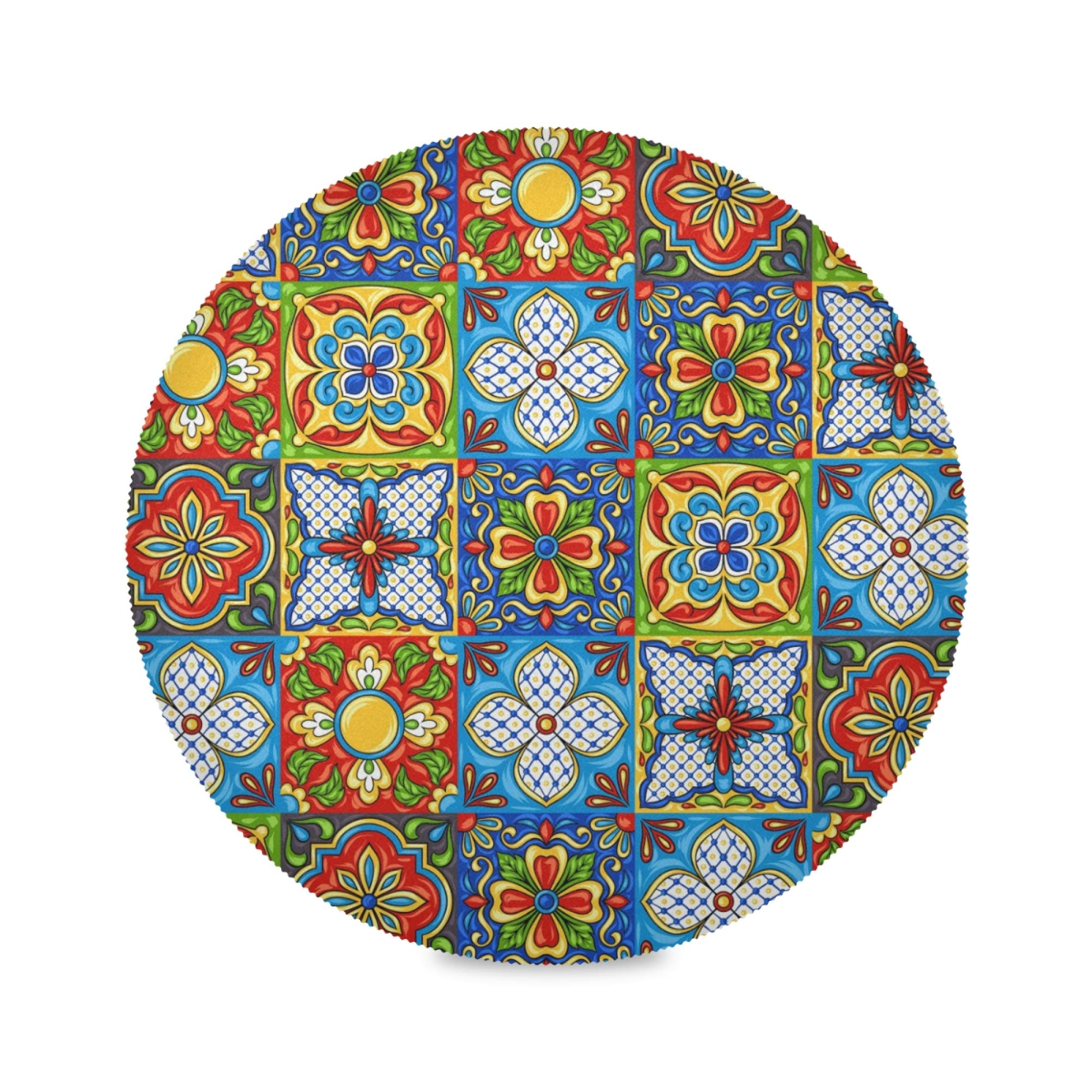 Mexican Talavera Check Pattern Round Placemats - Set of 4 Non-Slip Washable Table Mats for Kitchen, Dining Table, Restaurant | Durable & Stylish for Everyday Meals, Parties & Home Decor