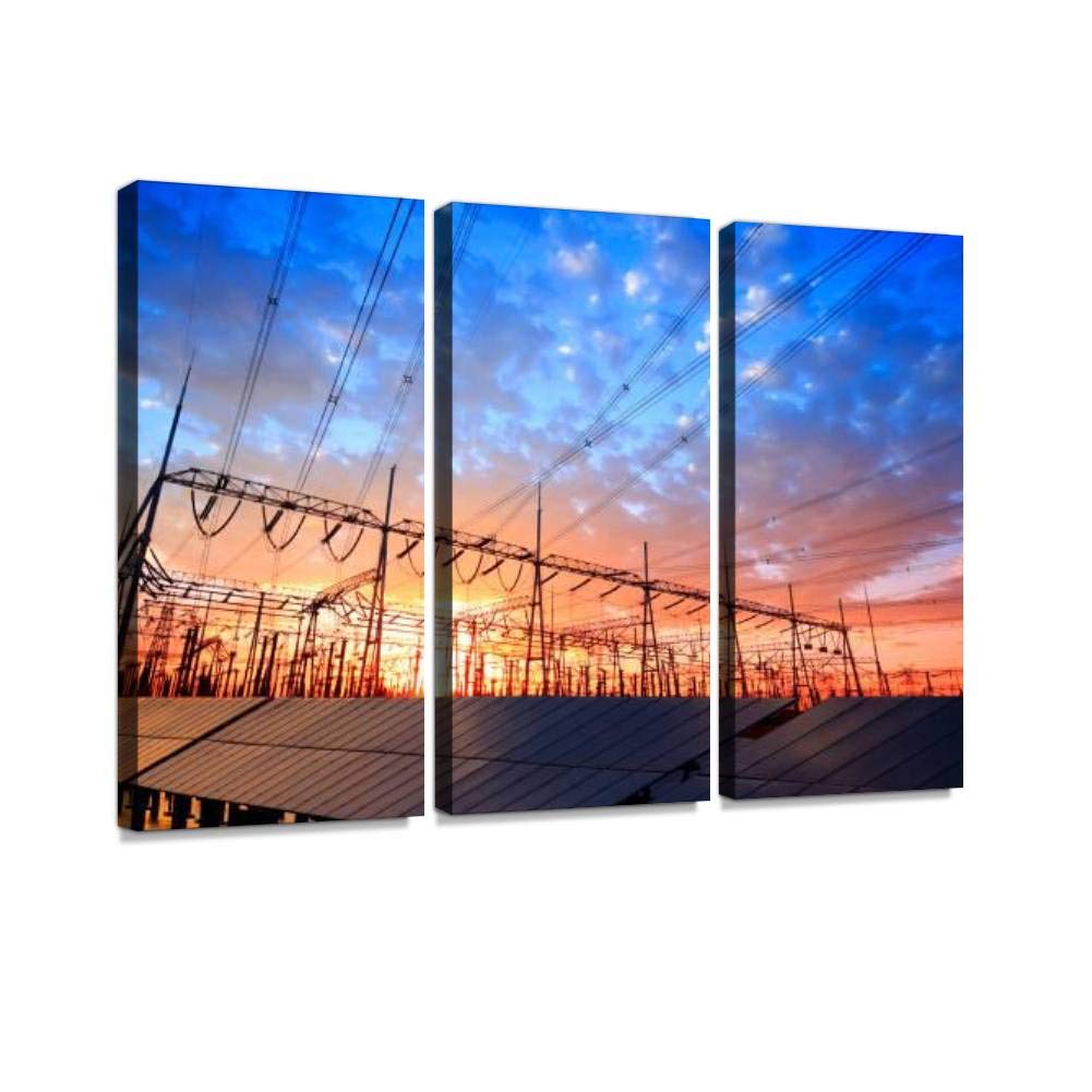Blaverr 3-Panel Modern Wall Art - Solar Photovoltaic Panels & Substations Evening Landscape Canvas Prints for Home Decor | Living Room, Bedroom, Office Ready-to-Hang Painting Set | Perfect for Contemporary Interior Design & Gift Giving