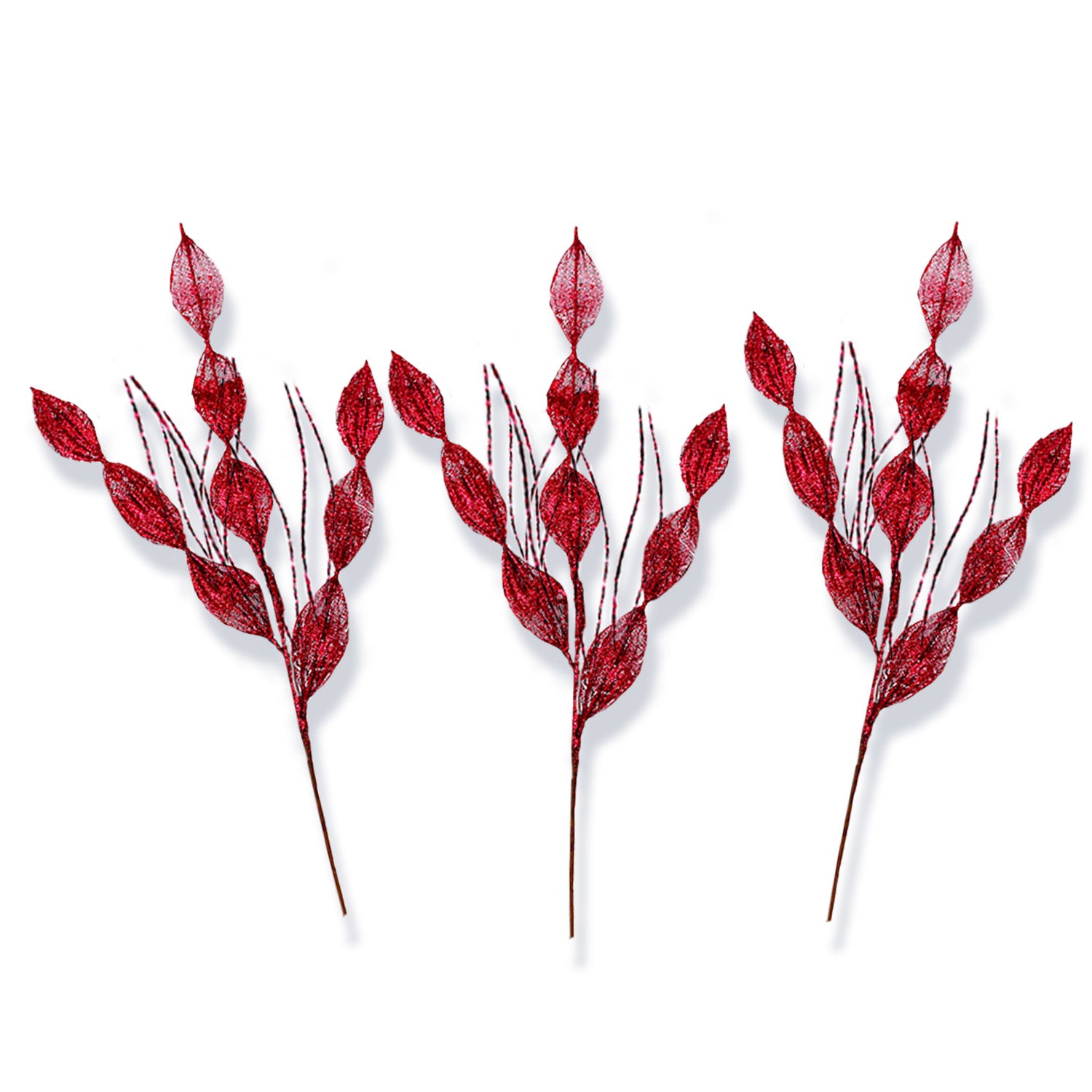 3 Pack Burgundy Leafy Picks with Glitter Spray - Floral Arrangement Decor for Weddings, Parties & Home DIY Crafts