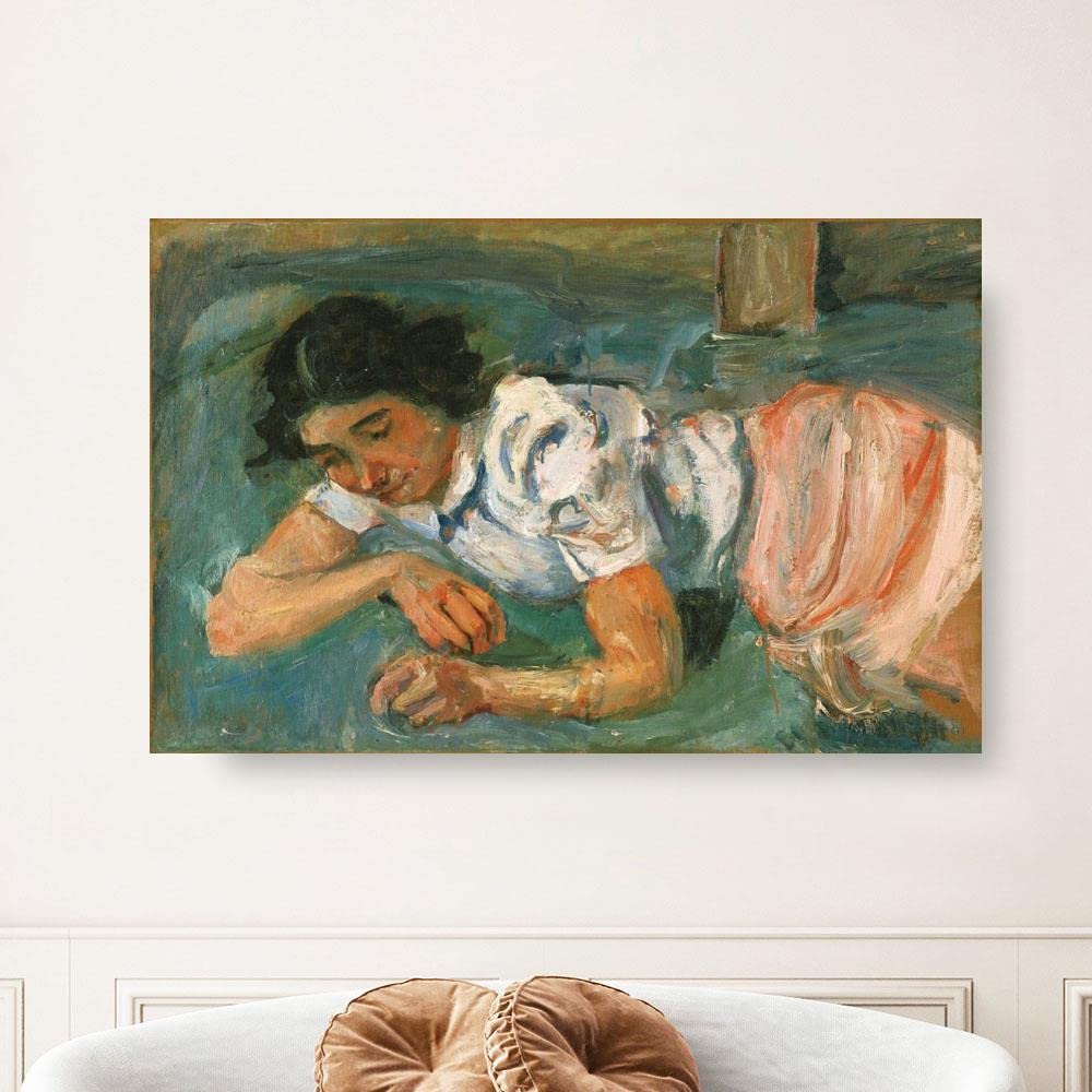 AMANUO Chaim Soutine Hand Painted Oil Painting - 36x24 Inch (90x60 cm) Portrait Canvas Wall Art of Young Woman Lying on Grass | Rolled for Safe Shipping | Perfect for Living Room, Bedroom & Office Decor