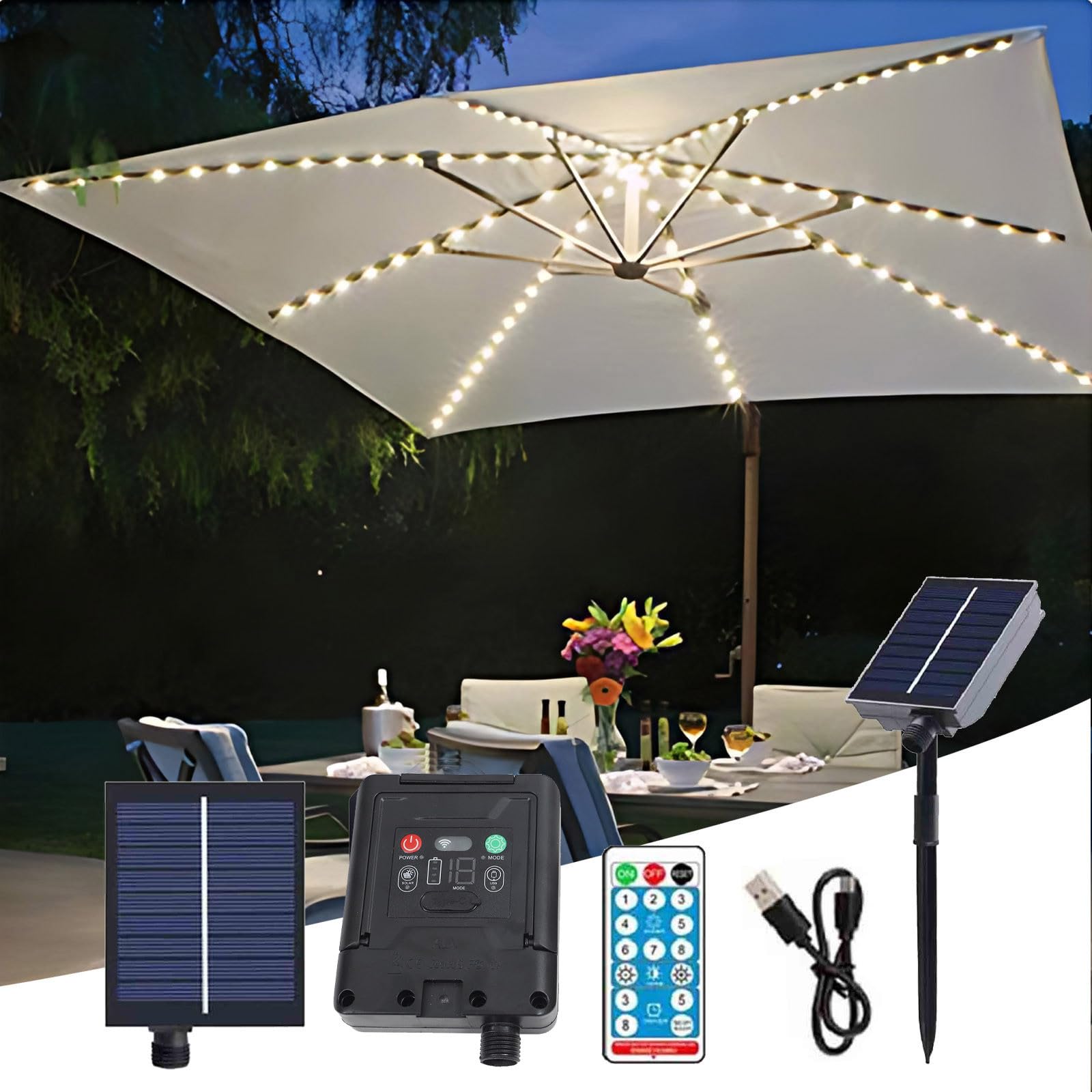 Solar Powered Umbrella Lights with Remote Control - 8X13 LED Patio Umbrella Lamp with Clip for Garden, Backyard & Pool (Fits 6''-10'' Umbrellas) | 8 Lighting Modes | Outdoor Decor, Evening Gatherings & Summer Nights