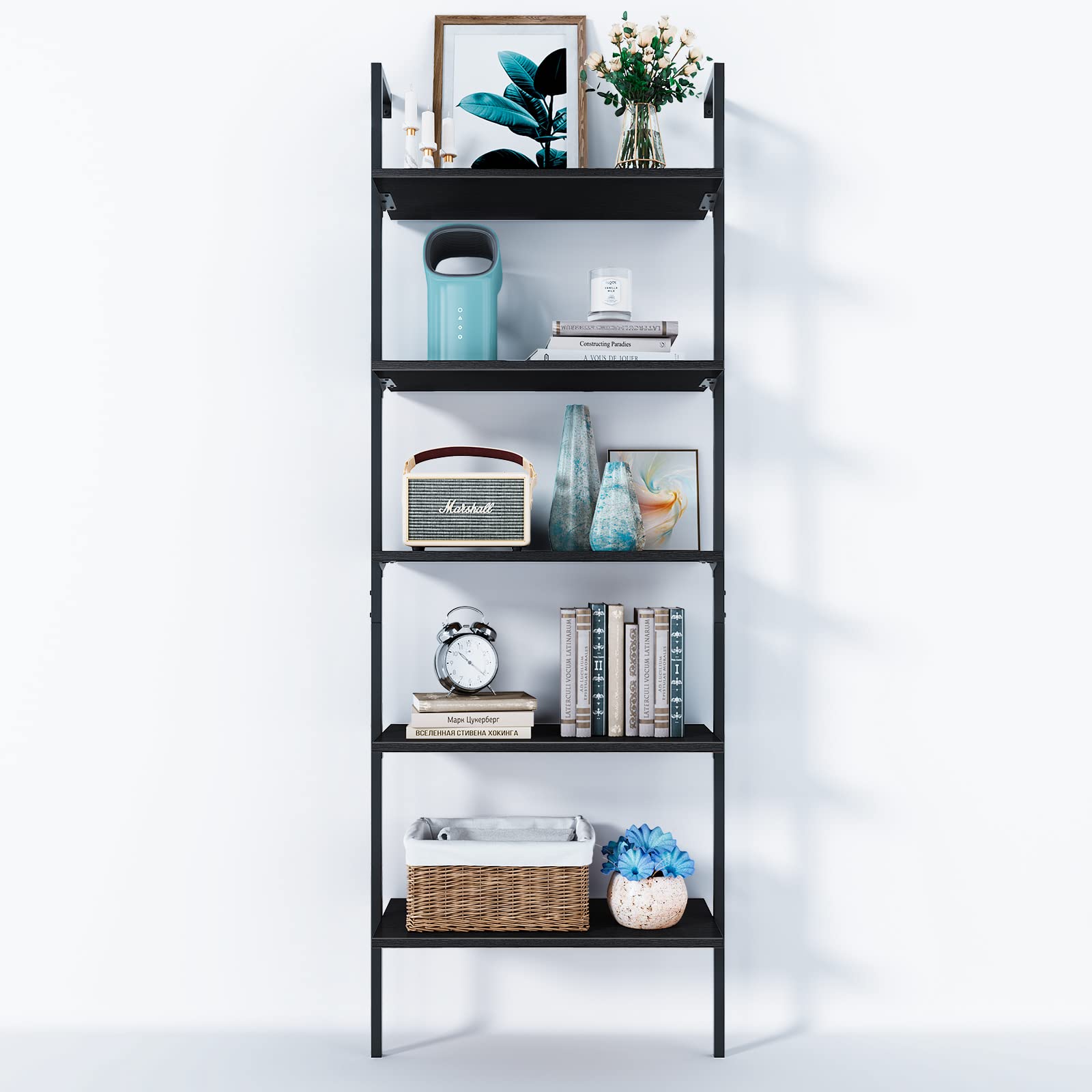 **74 Inch ODK Wall Mounted Ladder Shelf - Industrial Metal Frame Open Bookshelf for Home Office, Bedroom & Living Room - Black | Space-Saving Storage & Stylish Display for Books, Decor & More**