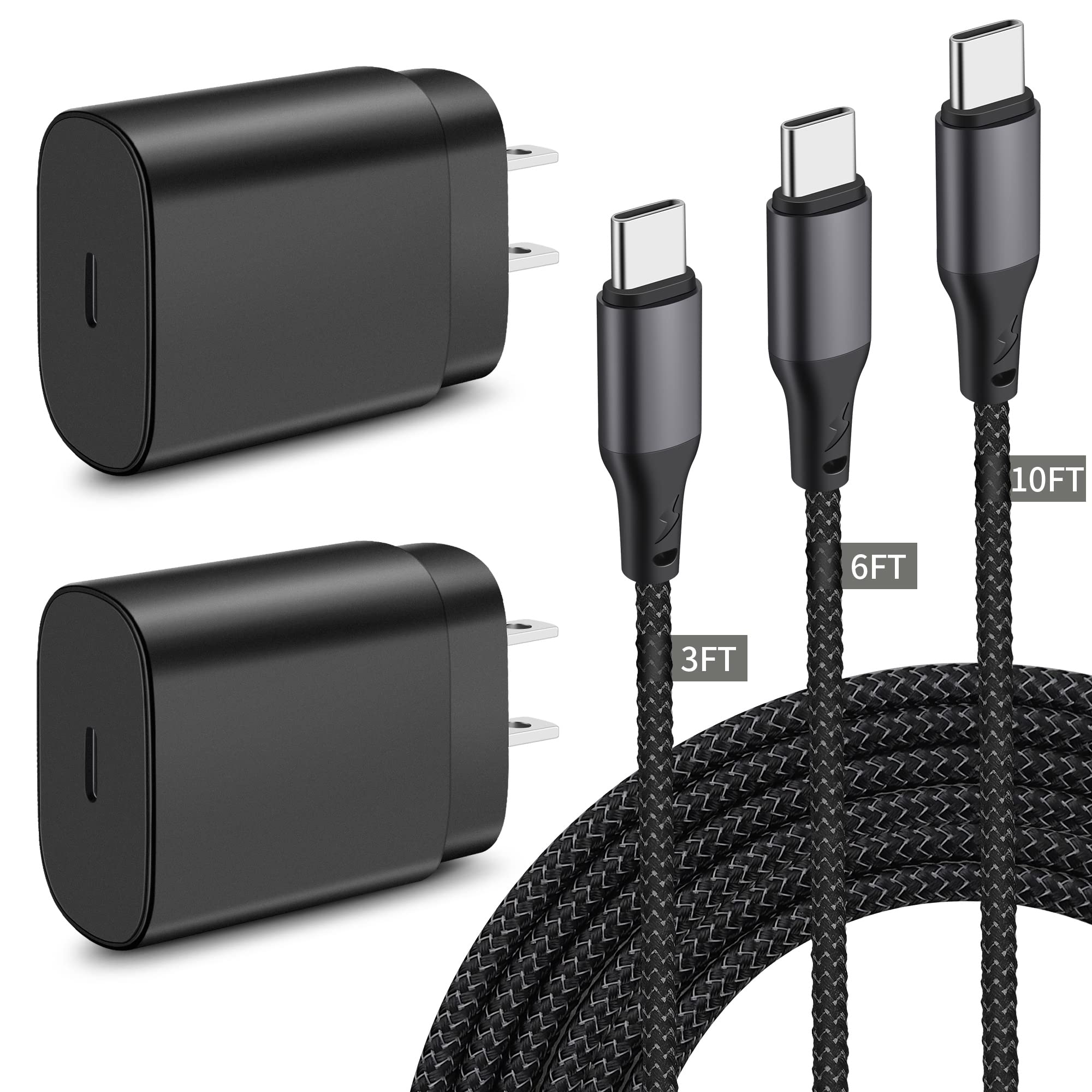 25W USB C Fast Charger Block 2-Pack with 3FT/6FT/10FT USB-C to C Cable - Compatible with iPhone 15/15 Plus/15 Pro/15 Pro Max, iPad, Samsung Galaxy - Quick Charge Power Adapter for Home, Office & Travel