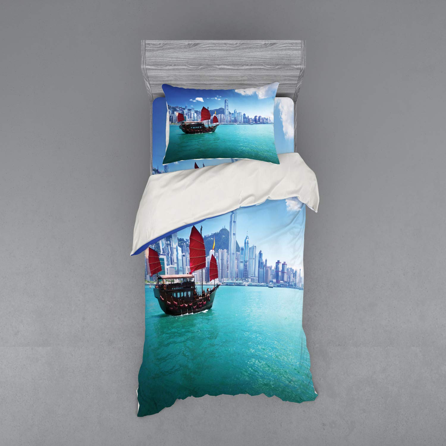 Ambesonne Ocean Duvet Cover Set - Hong Kong Harbour Traditional Junk Boat with Flags, Skyline & Sea - 3 Piece Bedding Set with Pillow Sham & Fitted Sheet - Twin XL Size - Blue Aqua Red - Perfect for Coastal Themed Bedrooms & Nautical Decor