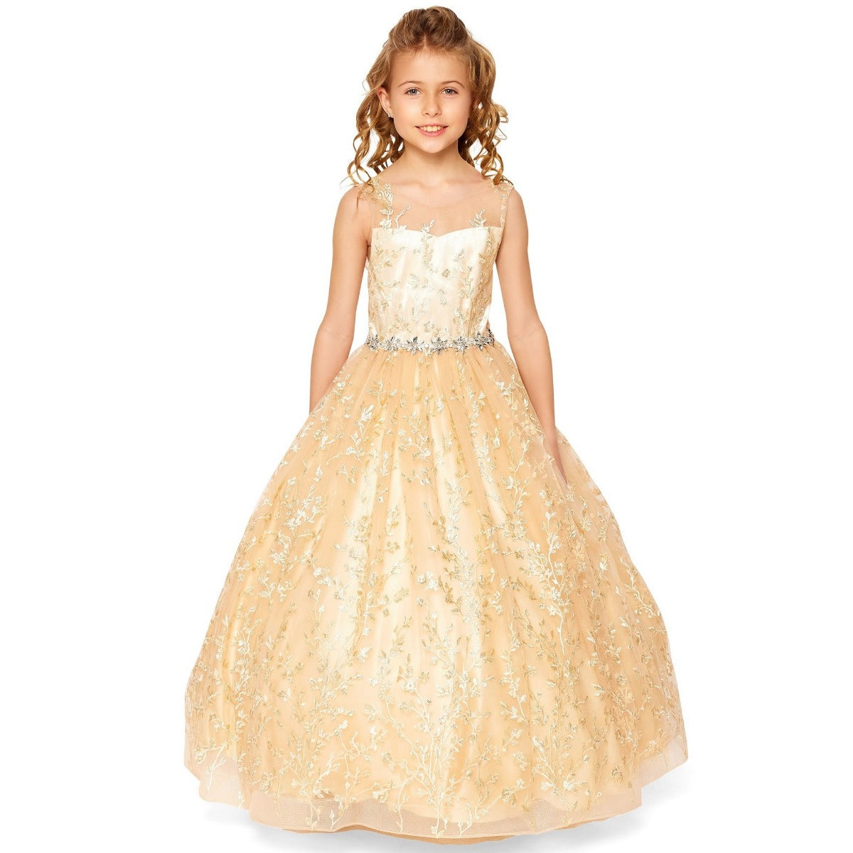 Elegant Champagne Glitter Embroidered Rhinestone Belt Ball Gown for Big Girls Size 8-16 | Perfect for Prom, Quinceañera & Formal Events