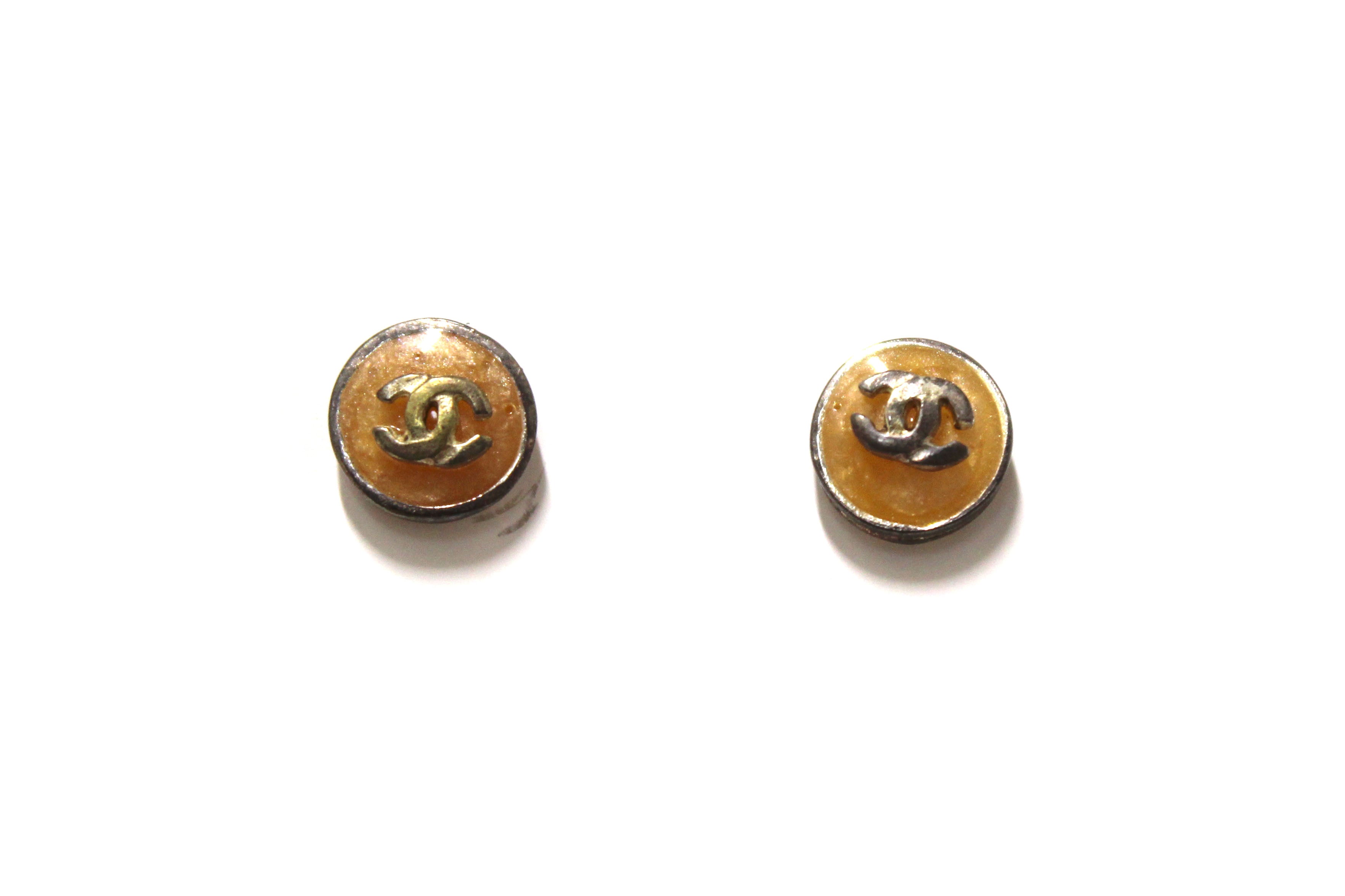 Vintage Chanel CC Round Amber Pearl Stud Earrings - Authentic Luxury Costume Jewelry for Women, Perfect for Parties, Weddings & Special Occasions