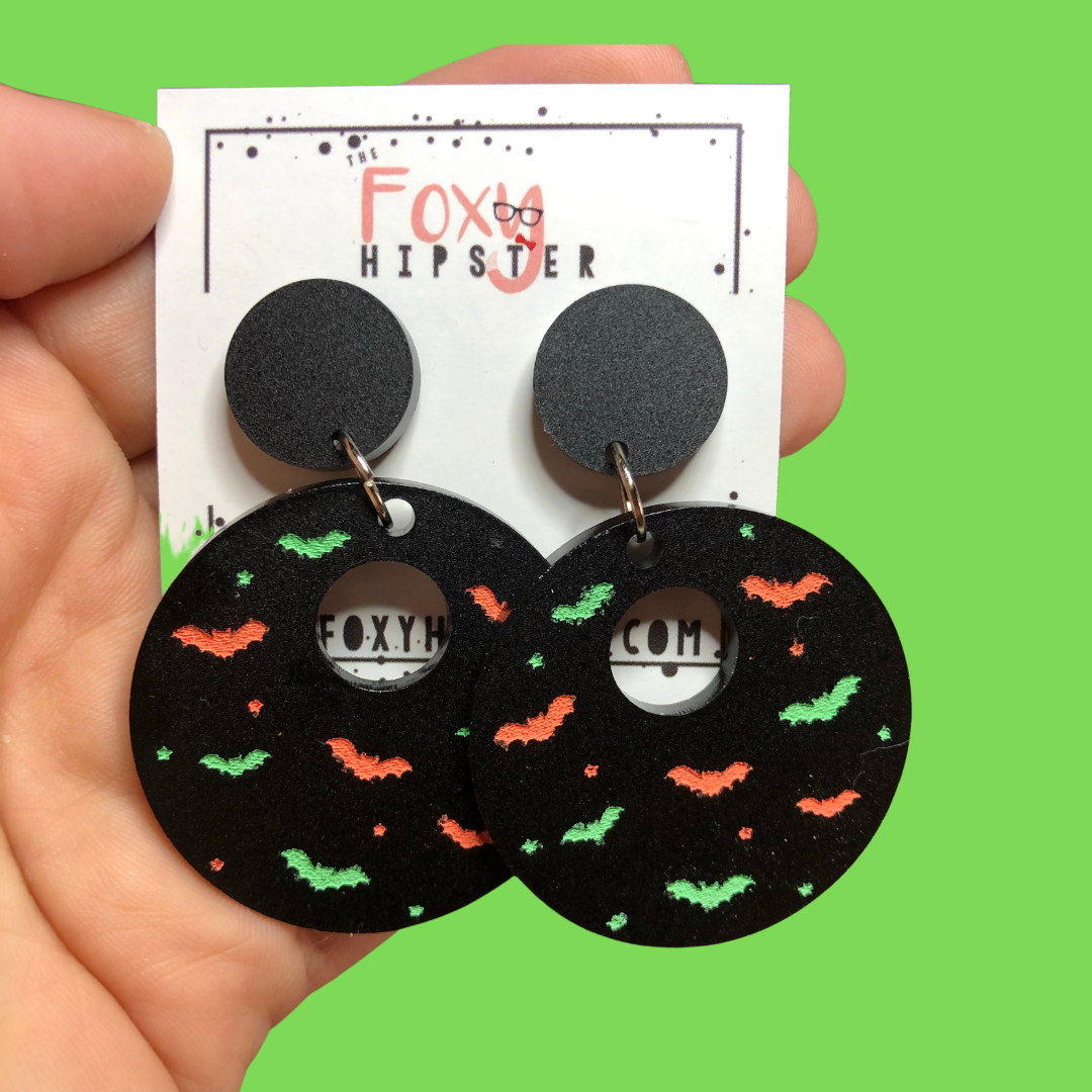 Vibrant Orange & Green Circle Bat Silhouette Dangle Earrings - Gothic Jewelry for Halloween, Cosplay & Night Out Accessories