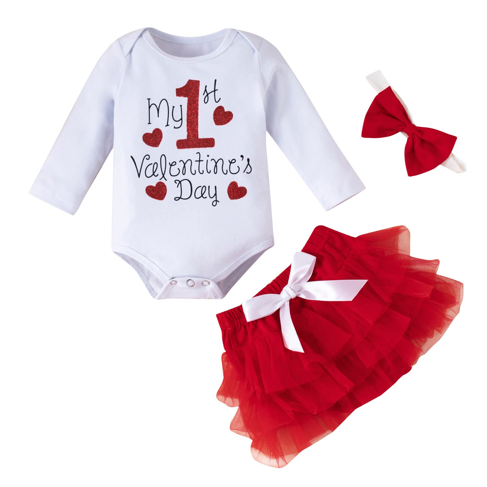 Valentine's Day Baby Girl Outfit Set - Cute Infant Romper with Skirt, Headband & Tutu - Princess Costume for 1st Valentine's Day - Perfect for Photo Shoots, Parties & Special Occasions