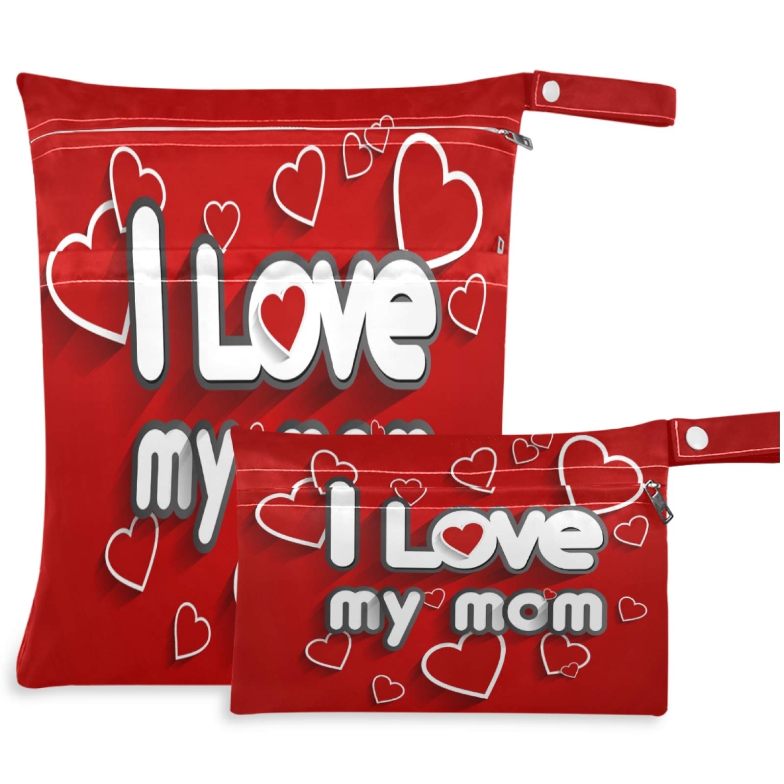 Visesunny I Love You Mom 2-Pack Waterproof Wet Bags with Zipper Pockets - Reusable & Washable Travel Organizer for Diapers, Swimsuits, Gym Clothes & Toiletries - Perfect for Beach, Pool, Daycare, Stroller & Sports Activities