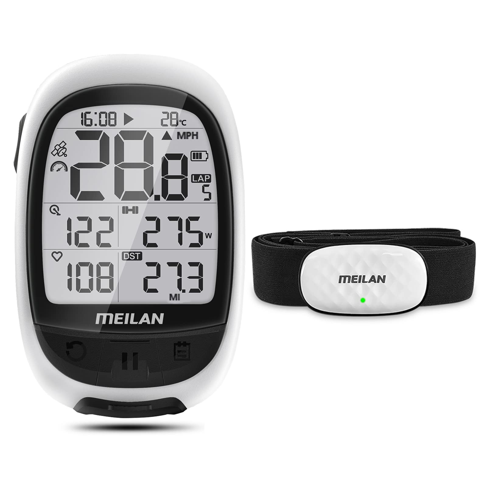 MEILAN Oval GPS Wireless Bike Computer with Heart Rate Monitor - White | Waterproof Cycling Speedometer & Cadence Sensor for Road & Mountain Biking | Fitness Tracker for Outdoor Sports & Training