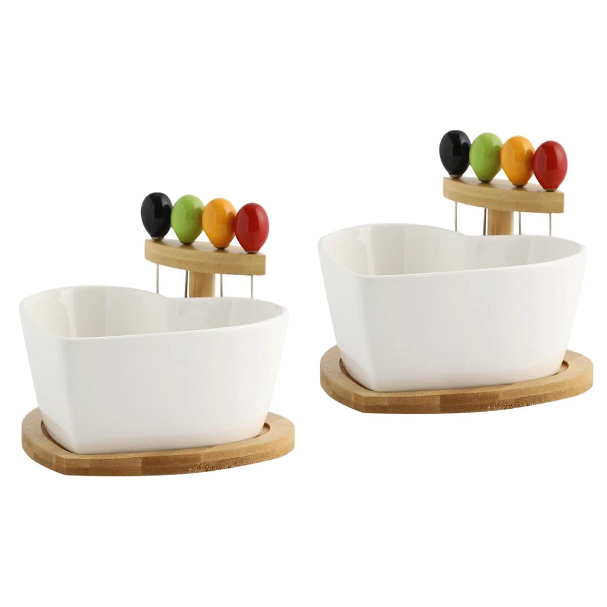 Heart-Shaped Salad Bowl with Forks & Wooden Stand - 2-Piece Ceramic Kitchen Set for Dessert, Fruit, Salad, BBQ (16x16cm) - Perfect for Romantic Dinners, Picnics & Party Serving