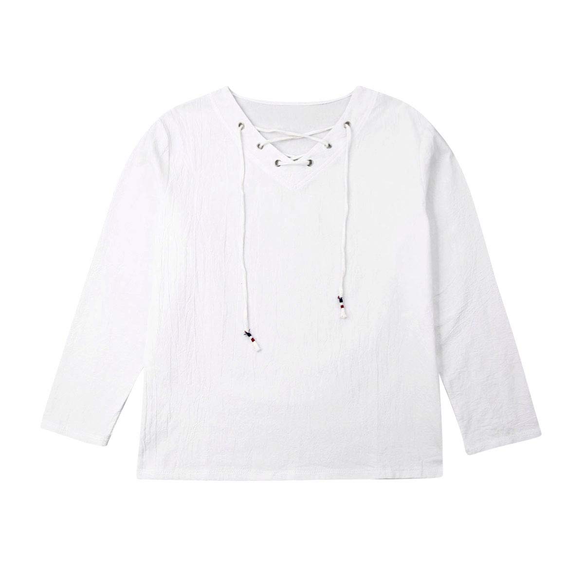 Men's Solid Color Long Sleeve V-Neck T-Shirt with Drawstring & Lace-Up Detail - Casual Baggy Cotton Top for Yoga, Hippie Style & Everyday Wear