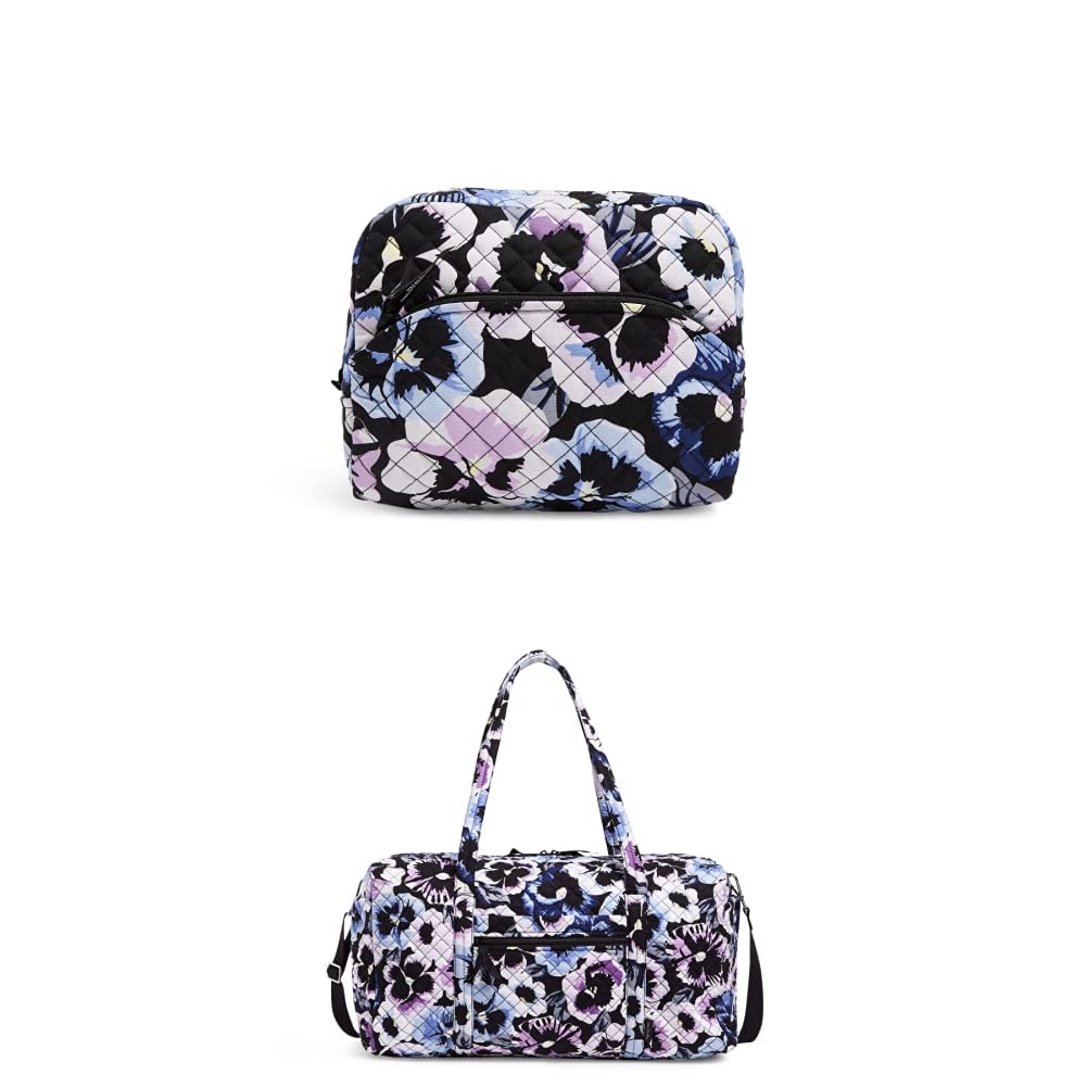 Vera Bradley Women's Large Cosmetic Organizer & Travel Duffel Bag Set - Recycled Cotton Makeup Pouch & Spacious Overnight Bag in Plum Pansies Floral Print | Perfect for Travel, Gym & Daily Organization