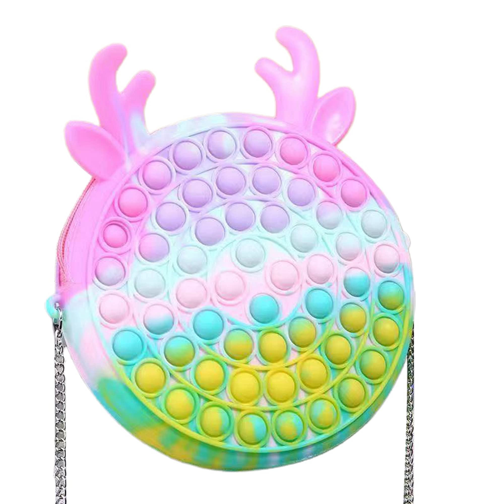 Pop Bubble Fidget Toy Handbag for Women & Girls - Stress Relief Crossbody Bag with Push Popper Bubbles (Pink Green Antler, 9x10x4cm) - Perfect for Anxiety Relief, Office Stress & Sensory Play