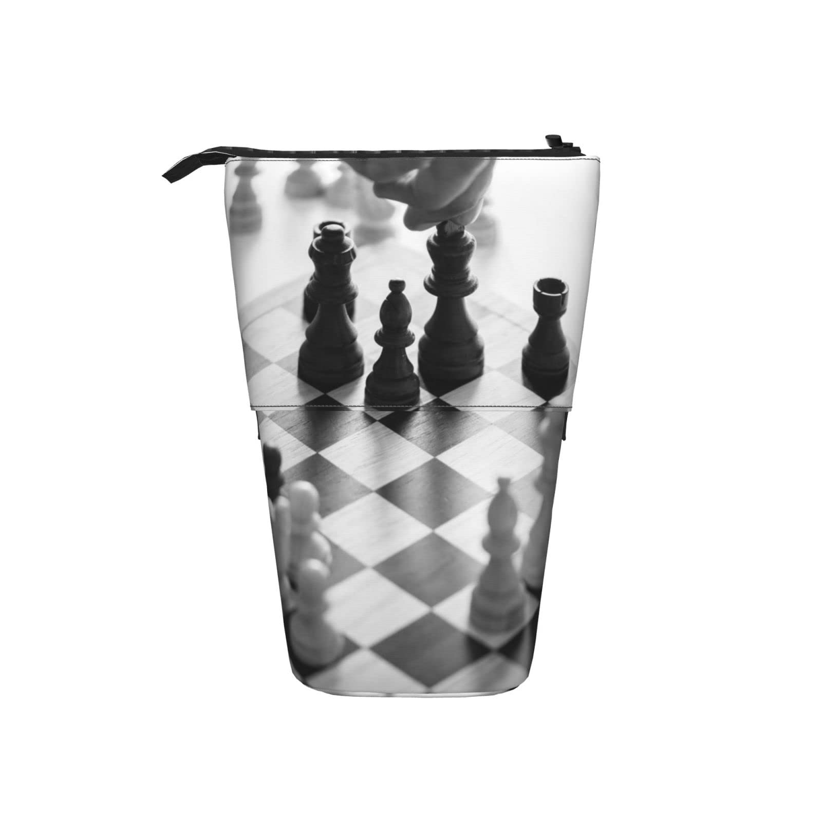 Telescopic Pencil Case Stand Up Pen Bag - Black & White Chess Checkerboard Printed Cute Pencil Organizer - Portable School & Office Supplies for Students, Teachers & Professionals