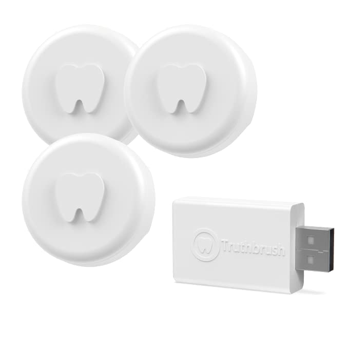Truthbrush PRO Tracker Hub Skin Bundle with Replaceable Battery - 2 Minute Beeper Timer for Teeth Brushing Tracking - Smart App for Android & iOS (3 Trackers + 1 Hub, White) - Perfect for Family Oral Care & Dental Hygiene Routine