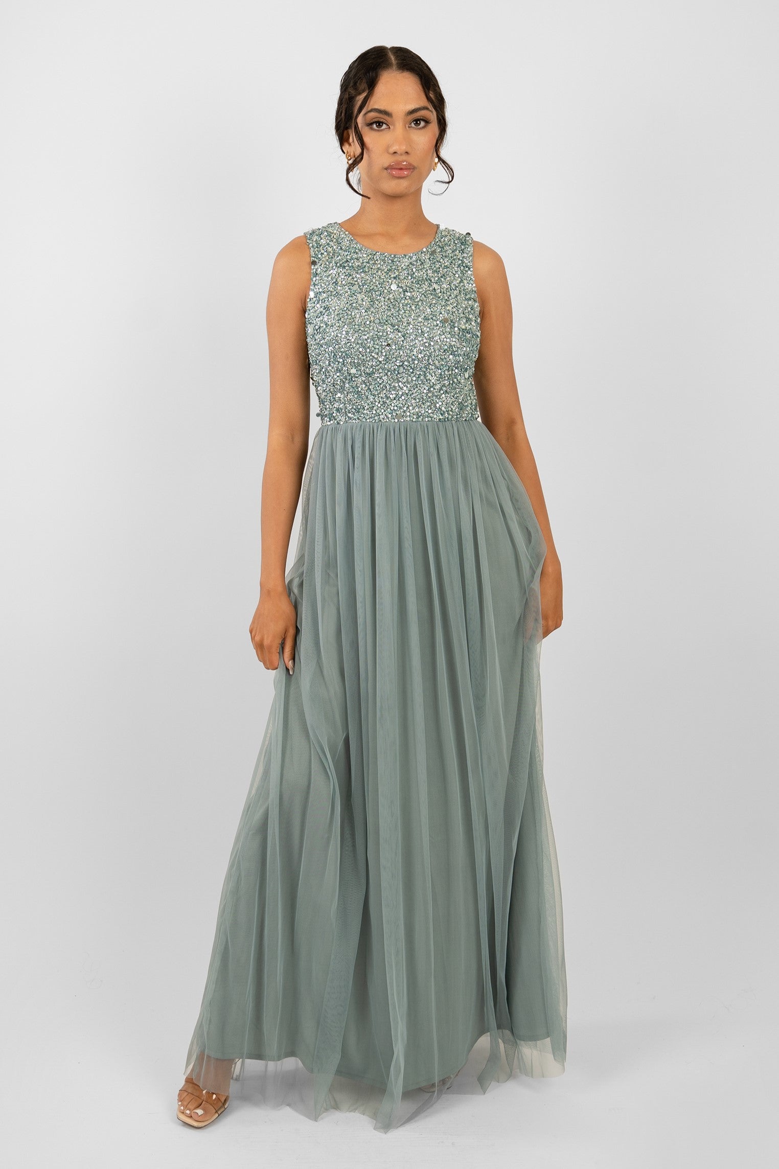 Elegant Picasso Teal Embellished Bridesmaid Maxi Dress for Weddings & Formal Events - Perfect for Bridal Party & Evening Occasions