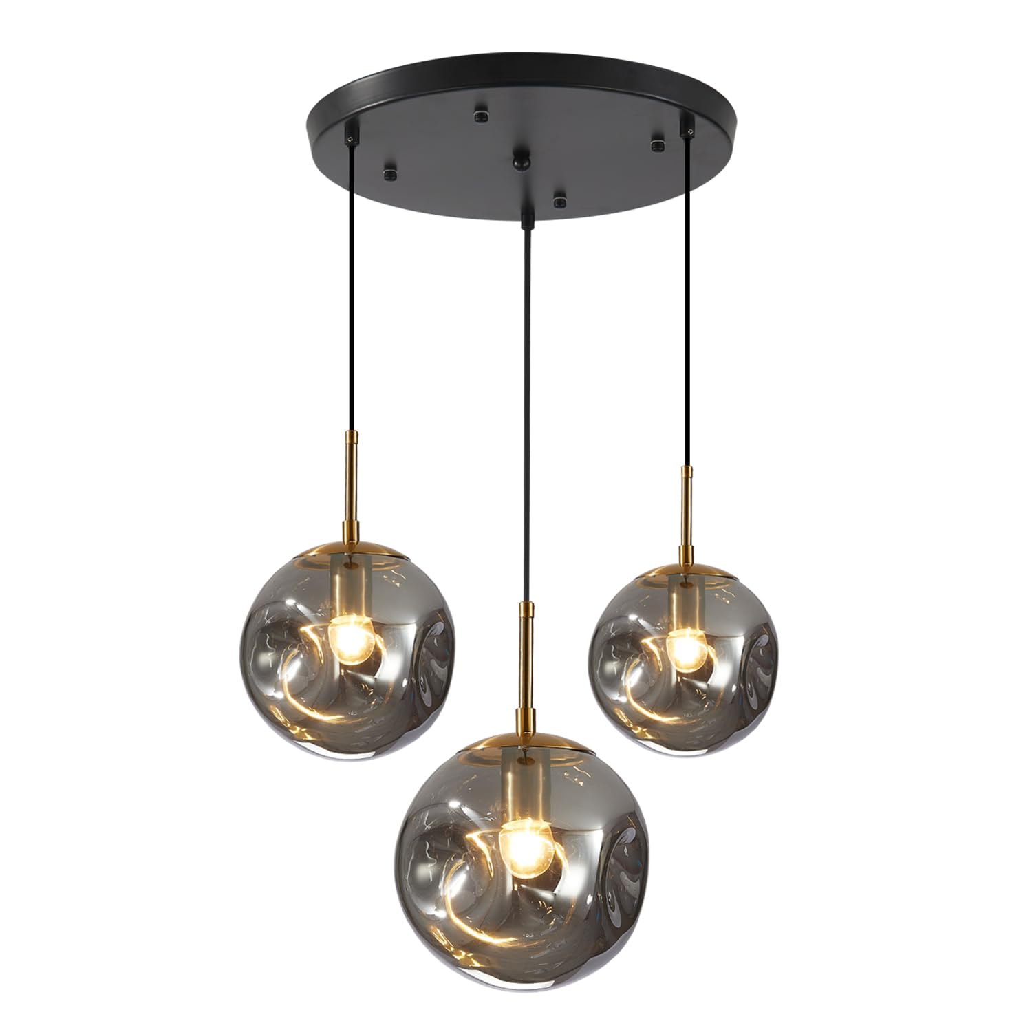 Modern Black Gold 3-Light Pendant Lighting Fixture - Adjustable Smoke Gray Glass Cluster Chandelier for Kitchen Island, Dining Room & Stairwell - Nordic Style Globe Hanging Lights for Home & Office Decor