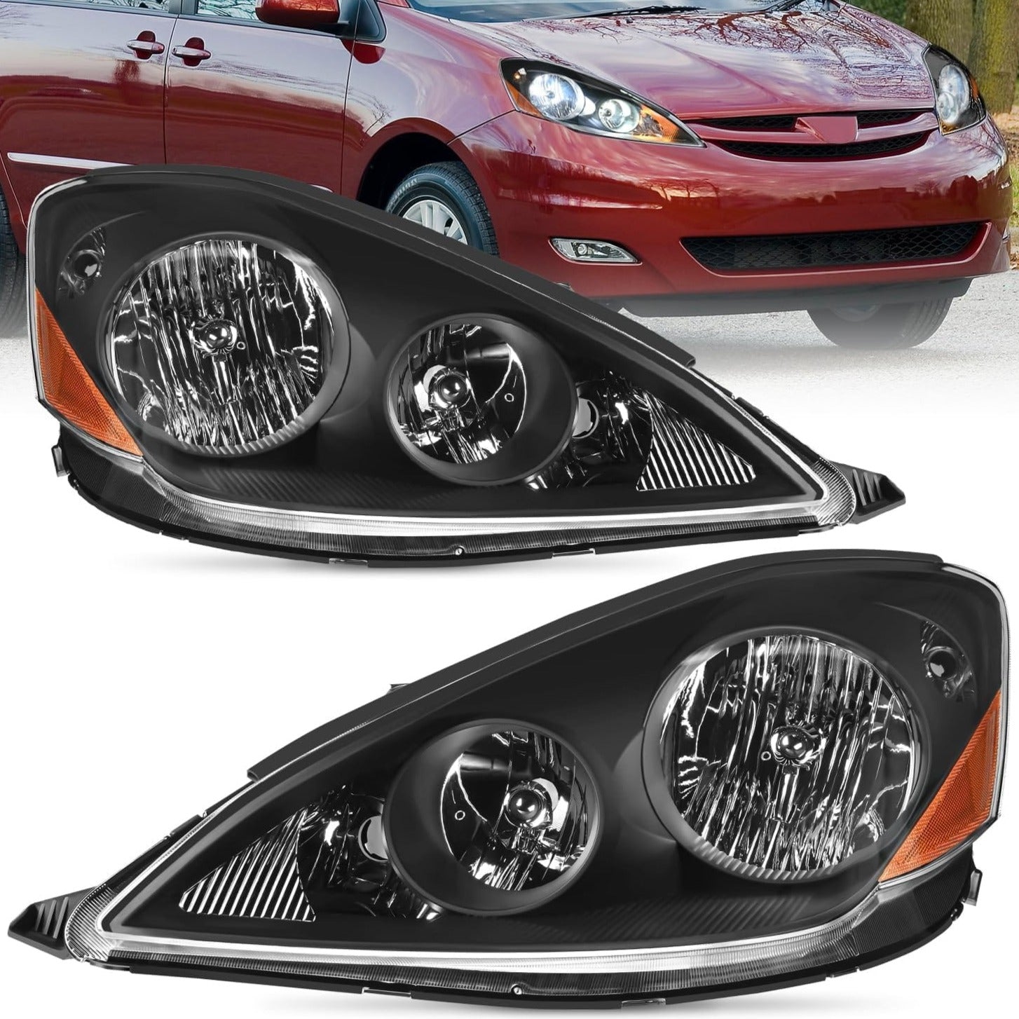 2006-2010 Toyota Sienna Headlight Assembly - Black Housing with Amber Reflector & Clear Lens - Replacement for Day & Night Driving