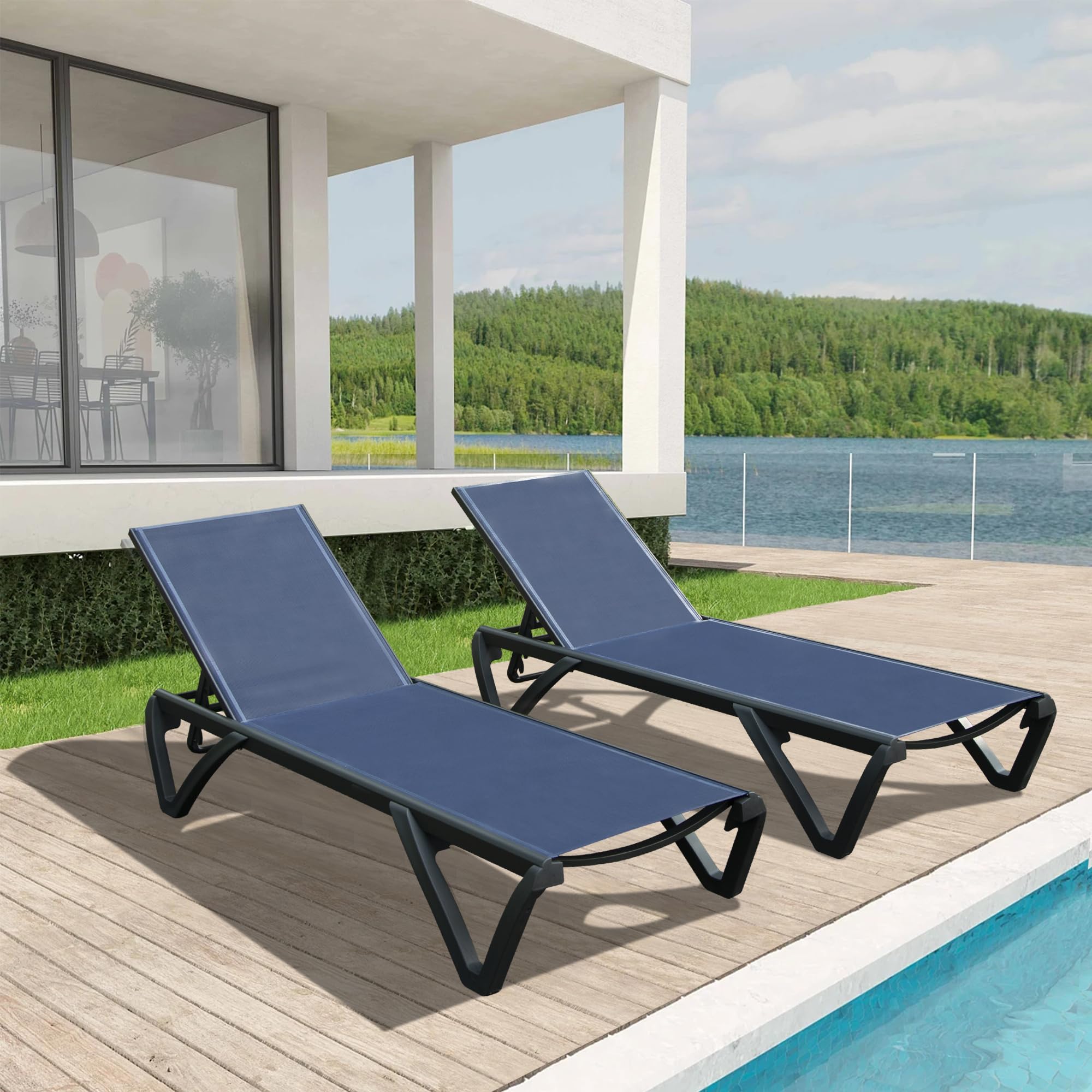 Domi 2-Pack Aluminum Pool Lounge Chairs with Wheels - 5-Position Adjustable All-Weather Outdoor Chaise Lounges for Patio, Beach, Backyard, Balcony & Poolside - Navy Blue - Perfect for Sunbathing, Relaxing by the Pool or Outdoor Lounging