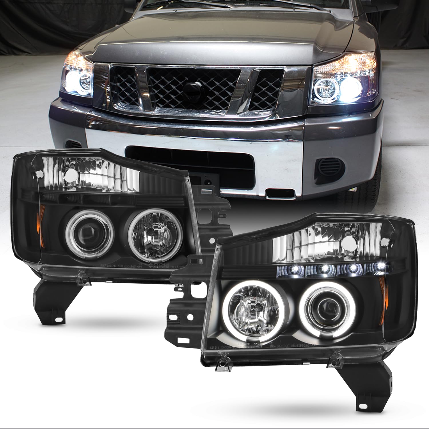 AKKON Black Bezel Dual Halo Projector LED Headlights for Nissan Titan Armada - Replacement Pair for Improved Night Visibility & Style | Perfect for Off-Roading, Night Driving & Car Customization