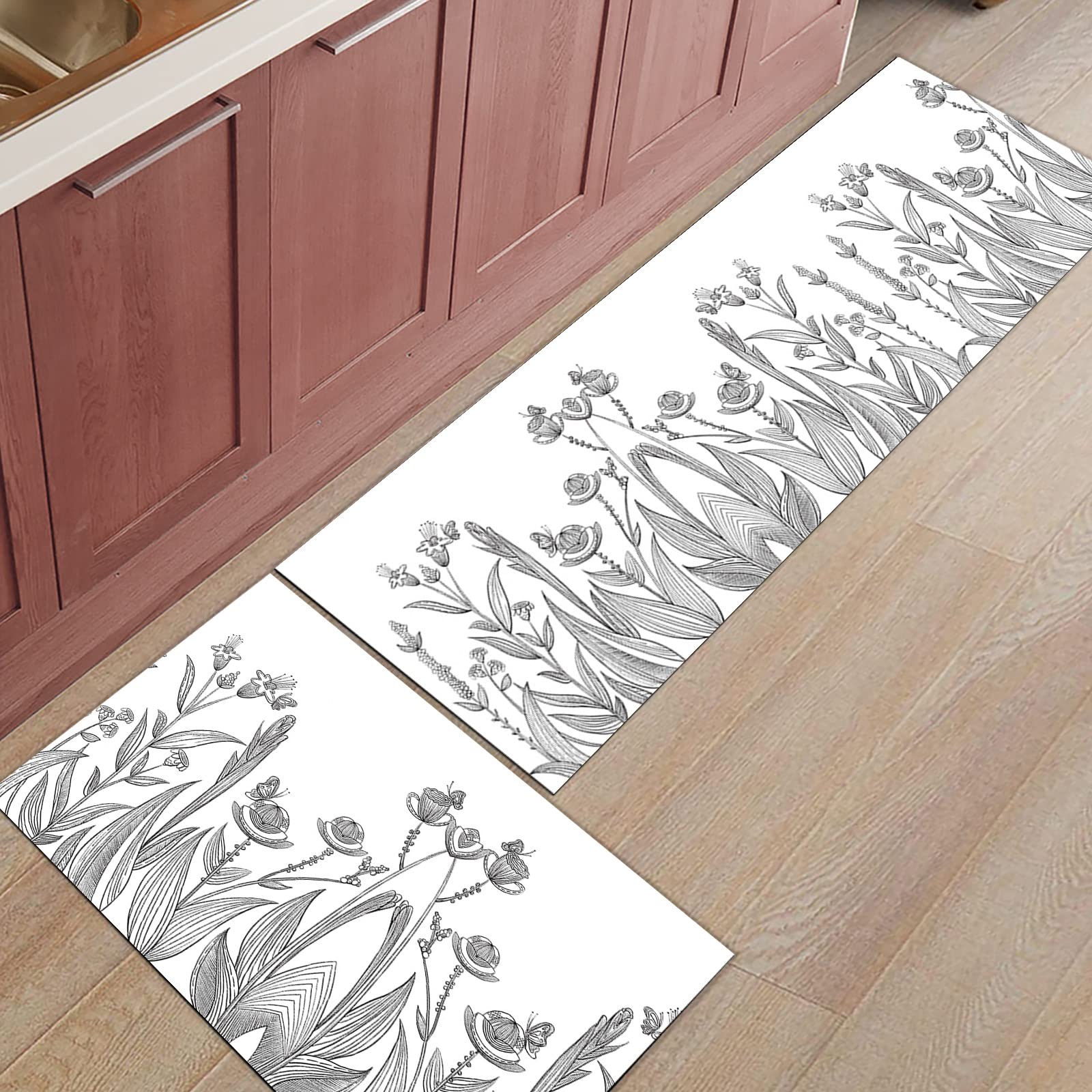 Premium Non-Slip Black & White Floral Kitchen Rug Runner - Nordic Style Eucalyptus Leaf Design Washable Floor Mat - Perfect for Kitchen, Living Room, Bathroom & Entryway (20