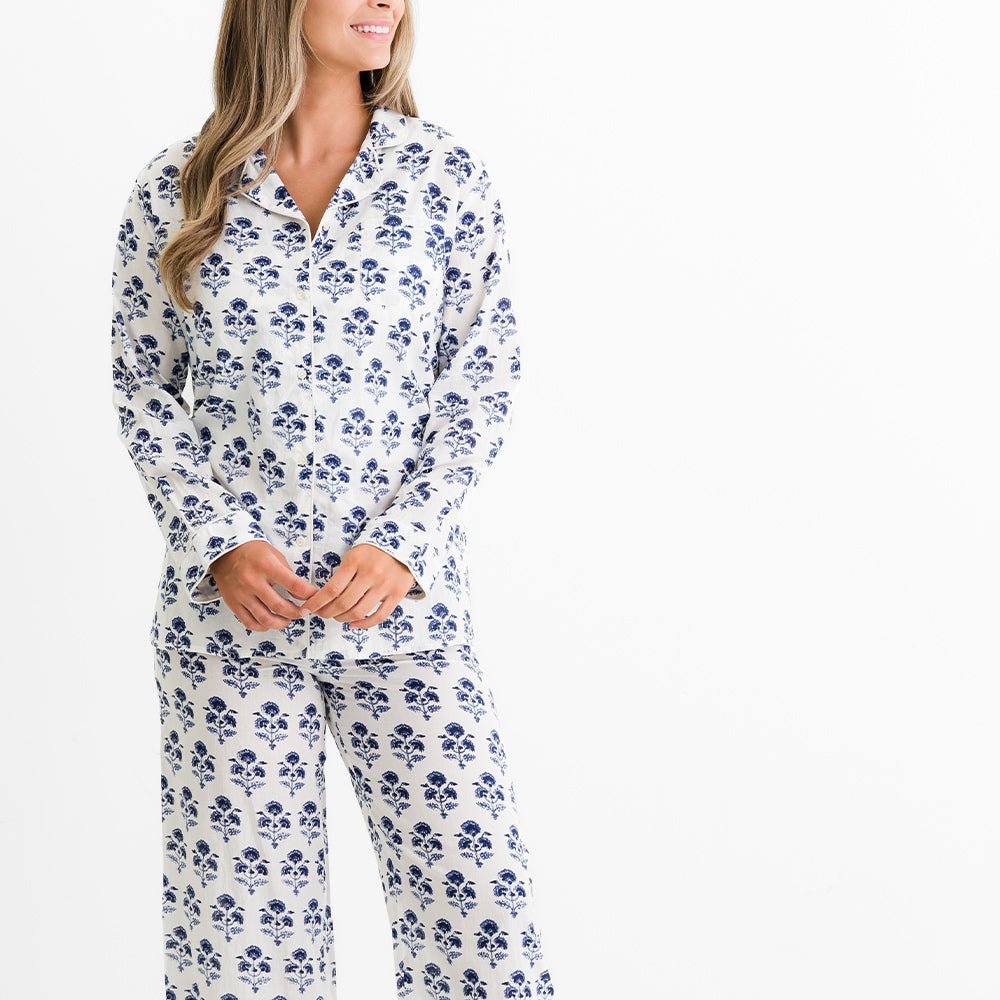 Agra Bloom Indigo Pajama Top for Women - Soft Cotton Sleepwear Shirt with Comfortable Fit - Perfect for Relaxing at Home, Lounging & Nighttime Comfort