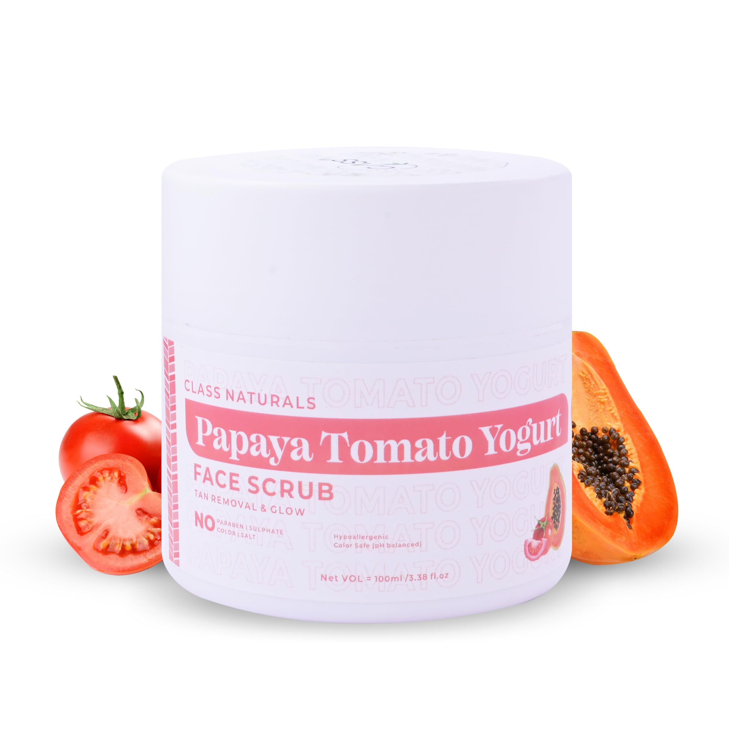 Class Naturals Papaya & Tomato Face Scrub with Yogurt & Walnut - Exfoliating Tan Removal & Brightening Scrub for Women & Men | Suitable for Normal & Combination Skin | 100ml | Perfect for Daily Skincare Routine & Glowing Complexion