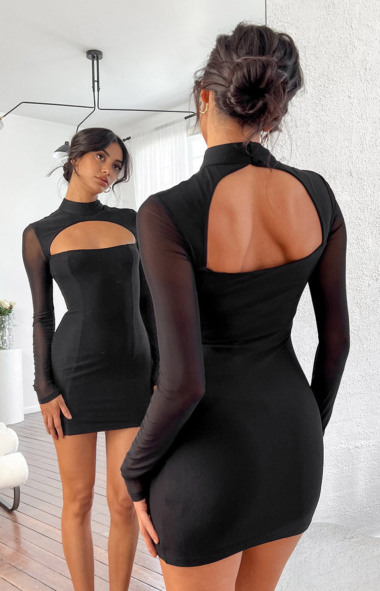 Aurora Black Mesh Long Sleeve Mini Dress for Women - Sexy Party Clubwear, Evening Cocktail Dress, Night Out Outfit