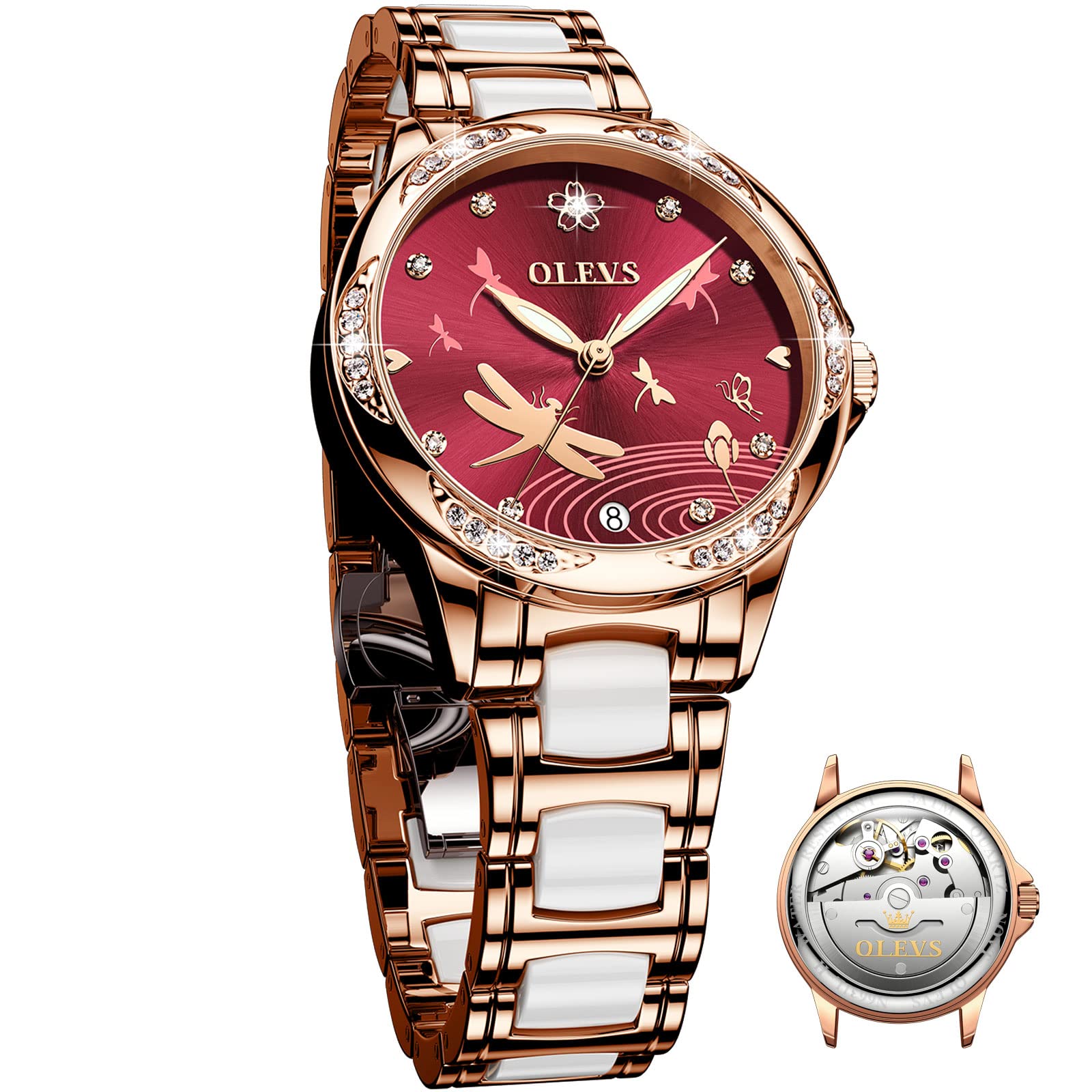OLEVS Women's Elegant Automatic Watch - Self Winding Diamond Waterproof Watch with Large Face, Two-Tone Stainless Steel & Ceramic Band | Perfect for Business, Party & Everyday Wear