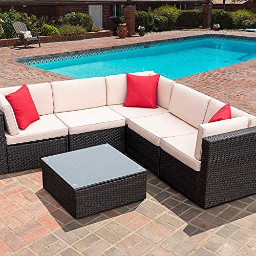Furniwell 6-Piece Outdoor Patio Furniture Sectional Set - All-Weather Wicker Rattan Sofa with Cushions, Pillows & Glass Table - Beige - Perfect for Backyard, Garden, Poolside & Patio Relaxation
