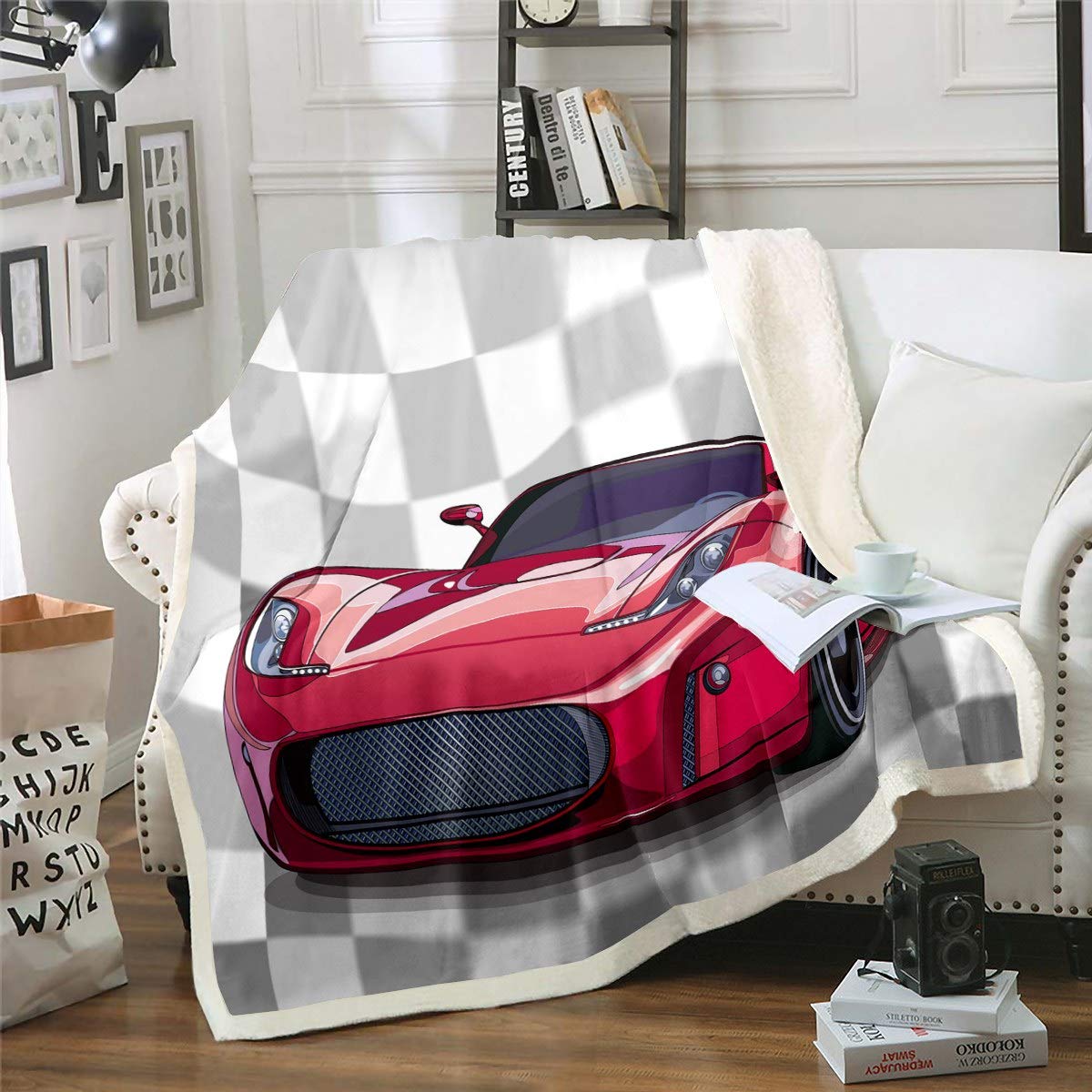 Cartoon Sports Car Printed Fleece Throw Blanket for Kids & Teens - 50x60 Inch Soft Plush Racing Car Blanket for Boys, Geometric Grid Fuzzy Sherpa Blanket for Sofa, Bed, Couch - Perfect for Movie Nights, Road Trips & Winter Snuggles