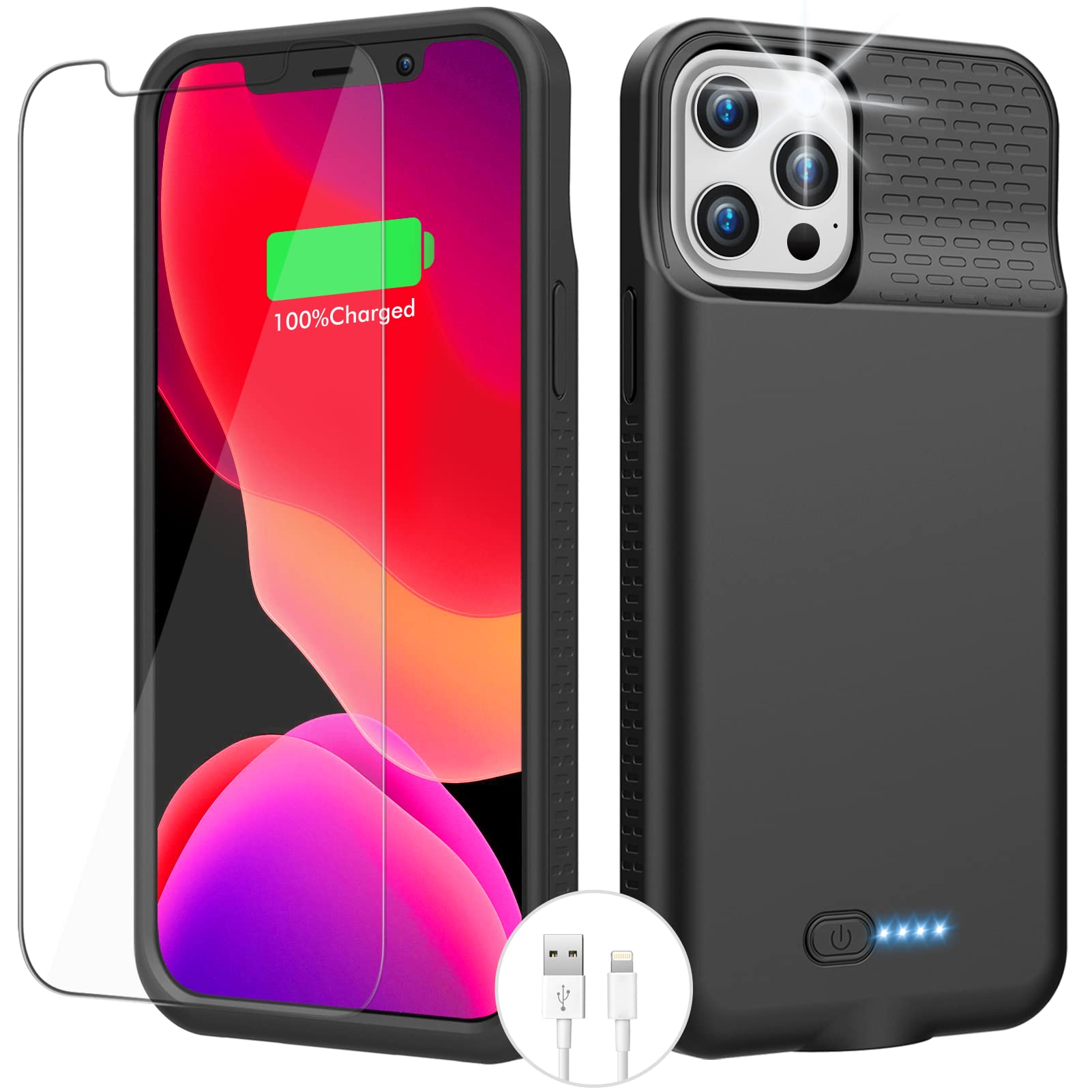 7000mAh Ultra-Slim Battery Case for iPhone 12 Pro Max (6.7 inch) - Rechargeable Extended Charger Cover with Screen Protector & Cable - Perfect for Travel, Work & Outdoor Activities - Black