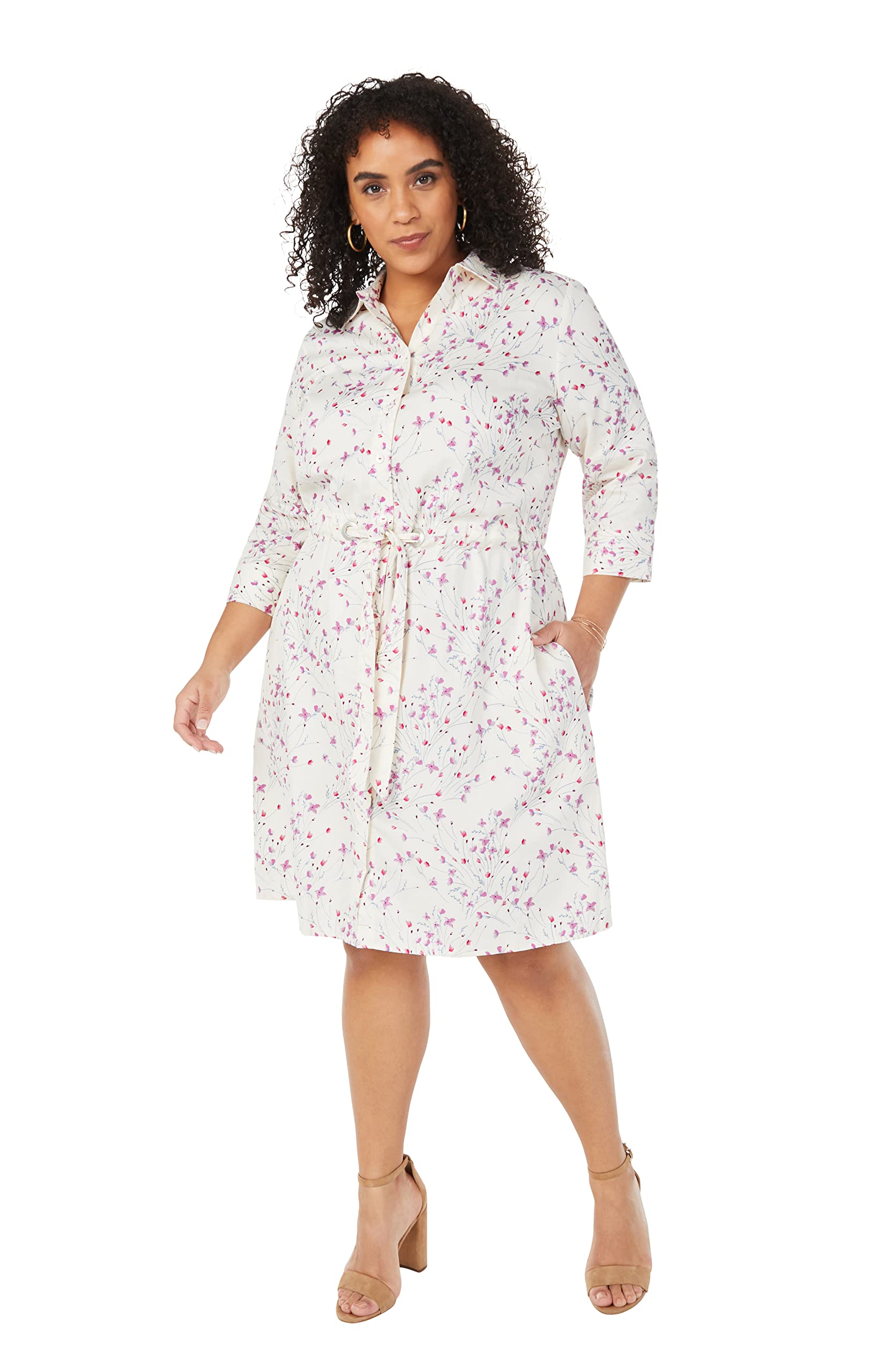 Foxcroft Women's Plus Size Nicolette 3/4 Sleeve Floral Print Dress - Orchid Bouquet - Size 14 | Casual Summer Dress for Beach, Garden Parties & Brunch Outings