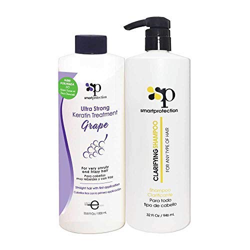 Ultra Strong Keratin Treatment for Hair Repair & Smoothing - Smart Protection Grape Formula with Clarifying Shampoo 33.8oz - Professional Salon Quality for Frizzy, Damaged & Curly Hair at Home