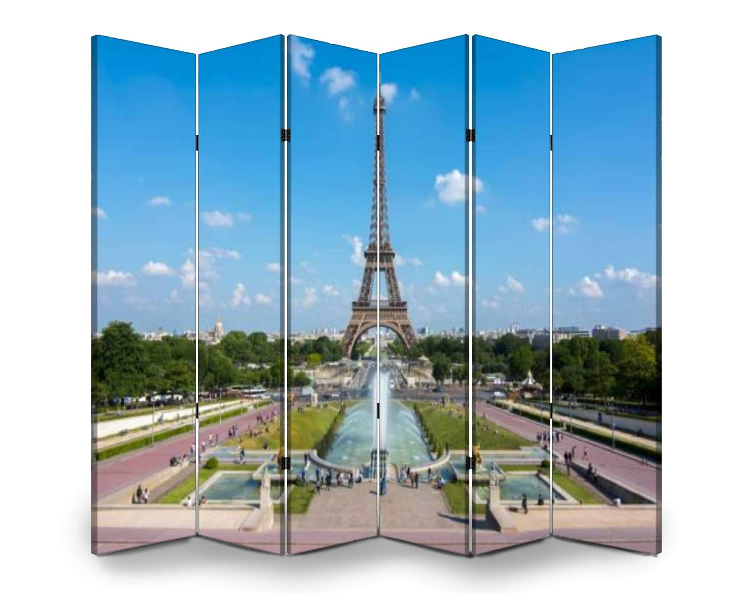 6-Panel Folding Room Divider Screen - Paris France Eiffel Tower & Trocadero Fountains Design - Freestanding Privacy Partition for Indoor/Outdoor Use - Perfect for Home Office, Bedroom Separation, and Event Decor