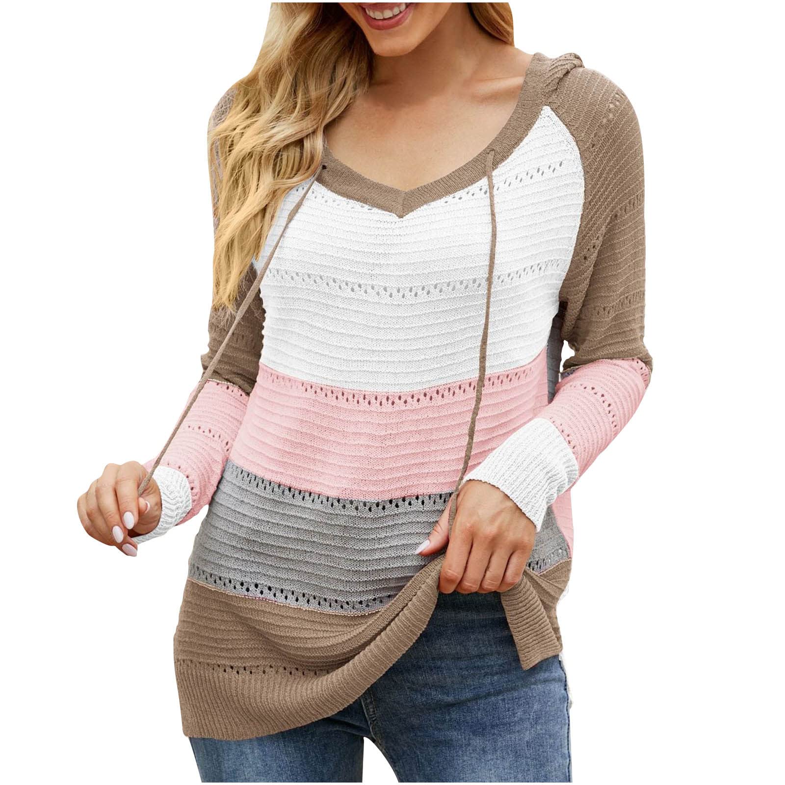 Women's Fashion Color Block Hooded Knit Sweater - Long Sleeve Lace-Up Waffle Knit Hoodie Blouse Top for Casual Wear & Winter Outfits