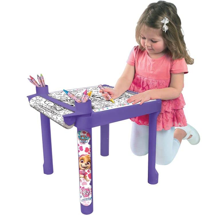 Paw Patrol Kids Art Activity Table with Coloring Paper Roll, Crayons & Stickers - Purple Craft Desk for Toddlers Ages 3-7 - Perfect for Home, Classroom & Birthday Party Creative Play