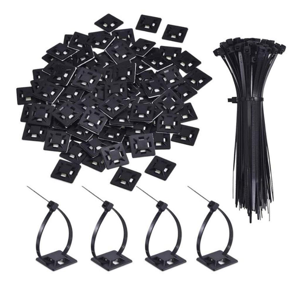 100 Pack Black Nylon Cable Ties with Mounting Base Holders - Heavy Duty Wire Organizer for Home, Office & DIY Projects (Cable Management Solution)