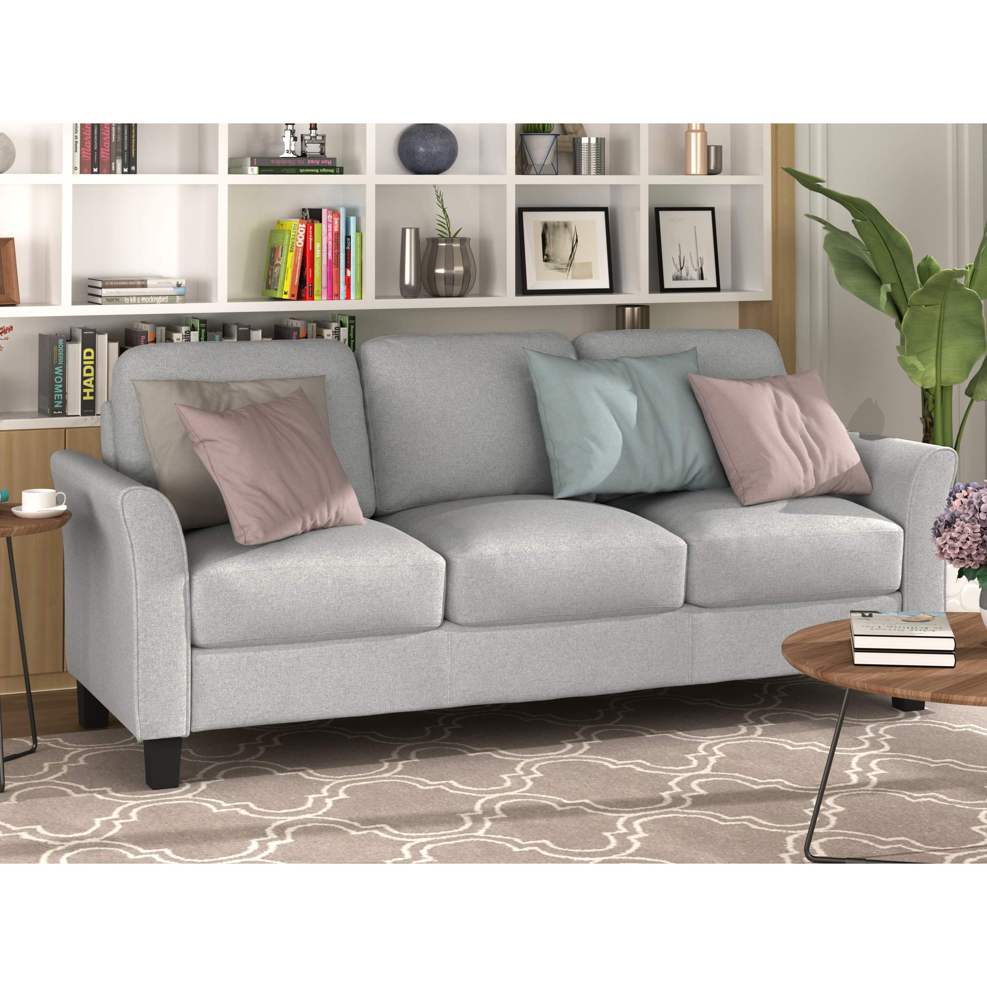 Modern 3-Seater Linen Fabric Sofa Couch - Light Gray Upholstered Living Room Furniture for Small Spaces & Studio Apartments | Perfect for Lounge, TV Watching & Guest Seating